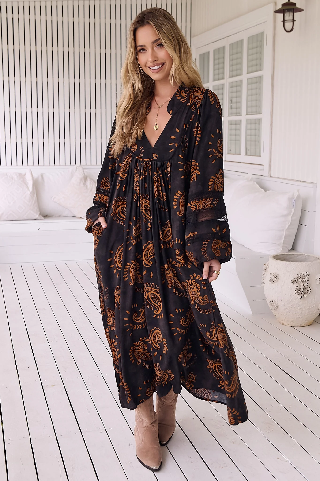 JAASE - Boheme Long Sleeve Midi Dress: Slimline Smock Dress in Milan Print - Image 6
