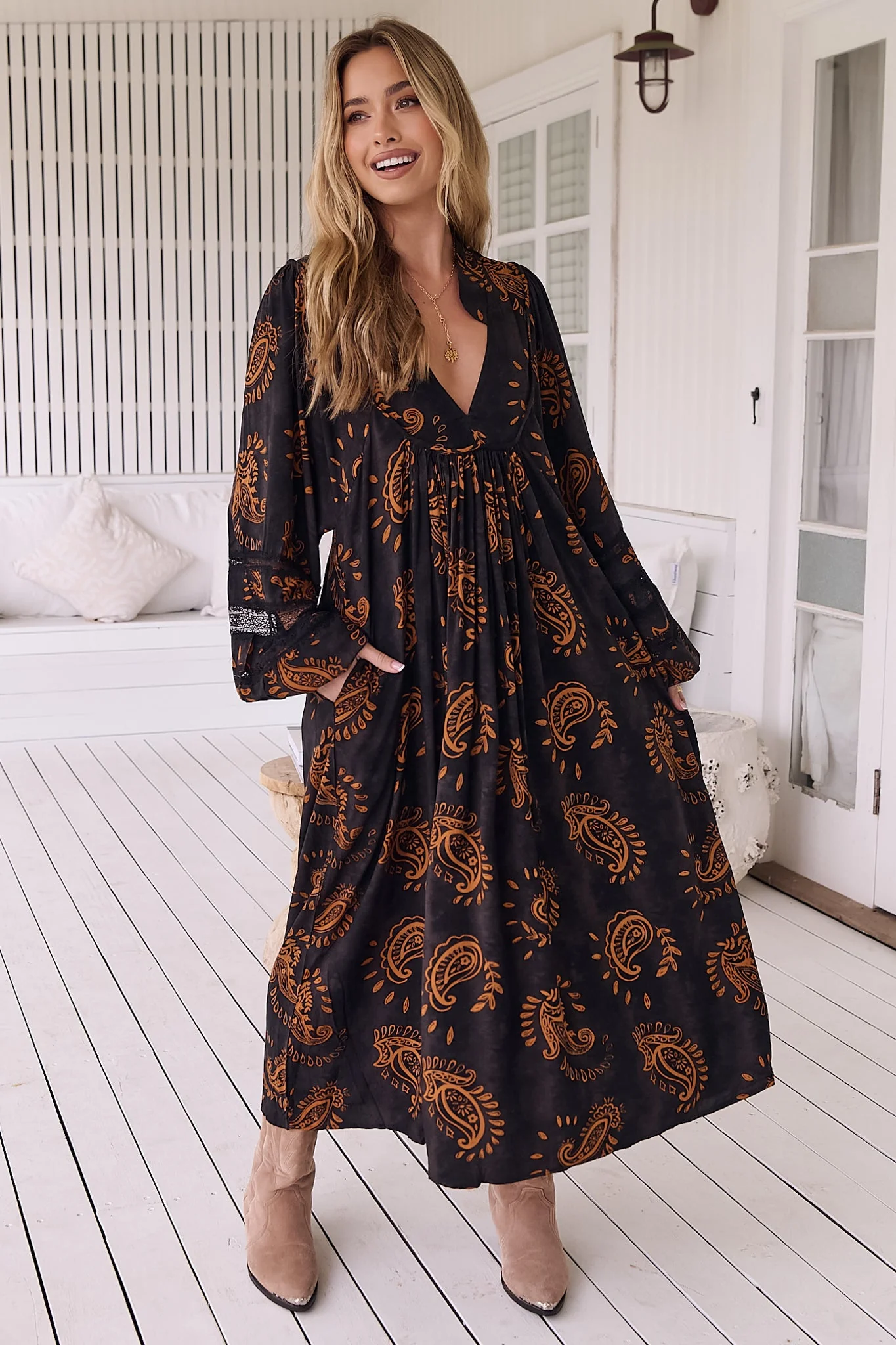 JAASE - Boheme Long Sleeve Midi Dress: Slimline Smock Dress in Milan Print - Image 7