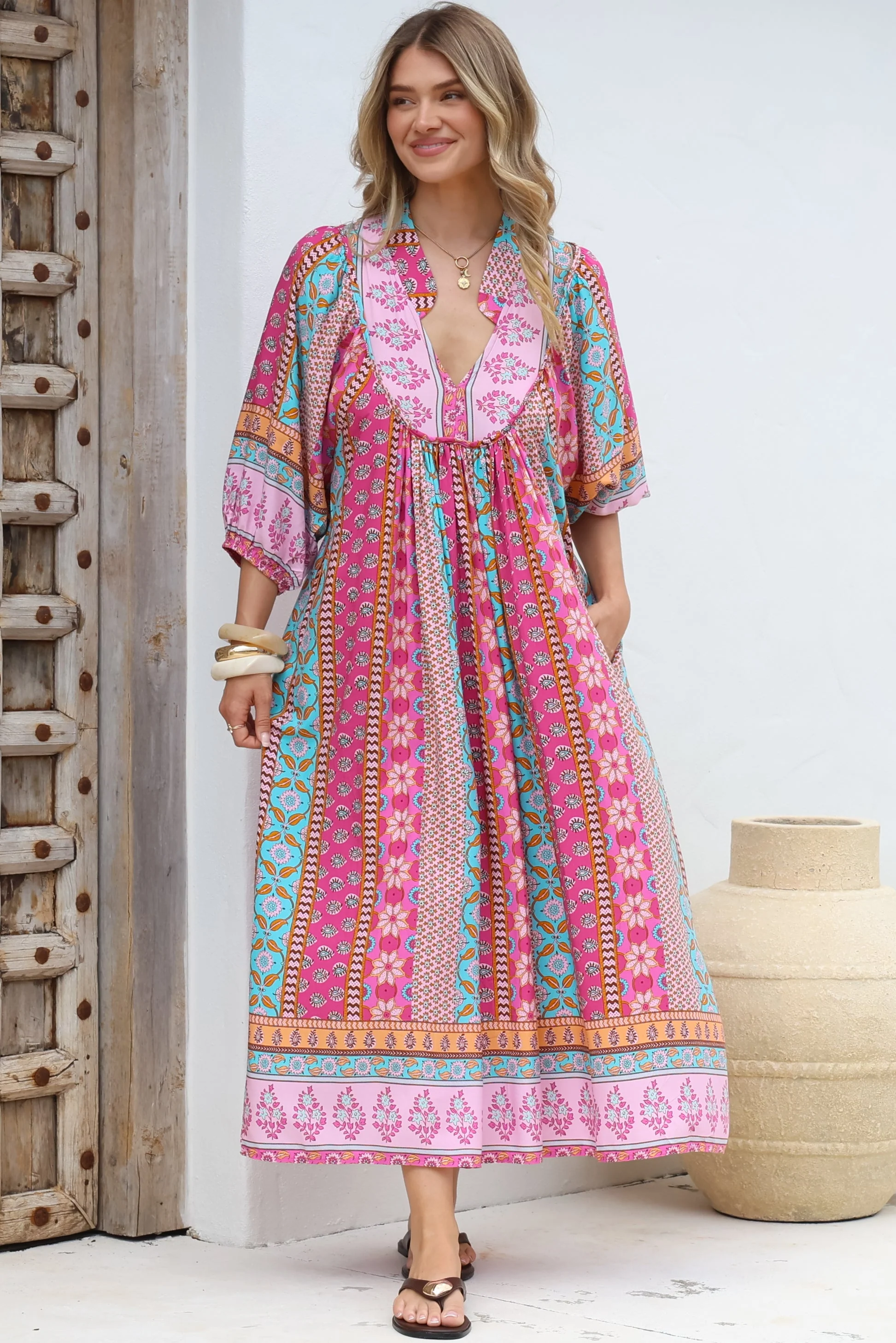 JAASE - Boheme Midi Dress: Piping Defined Bust Slimline Smock Dress in Cedella Print - Image 2