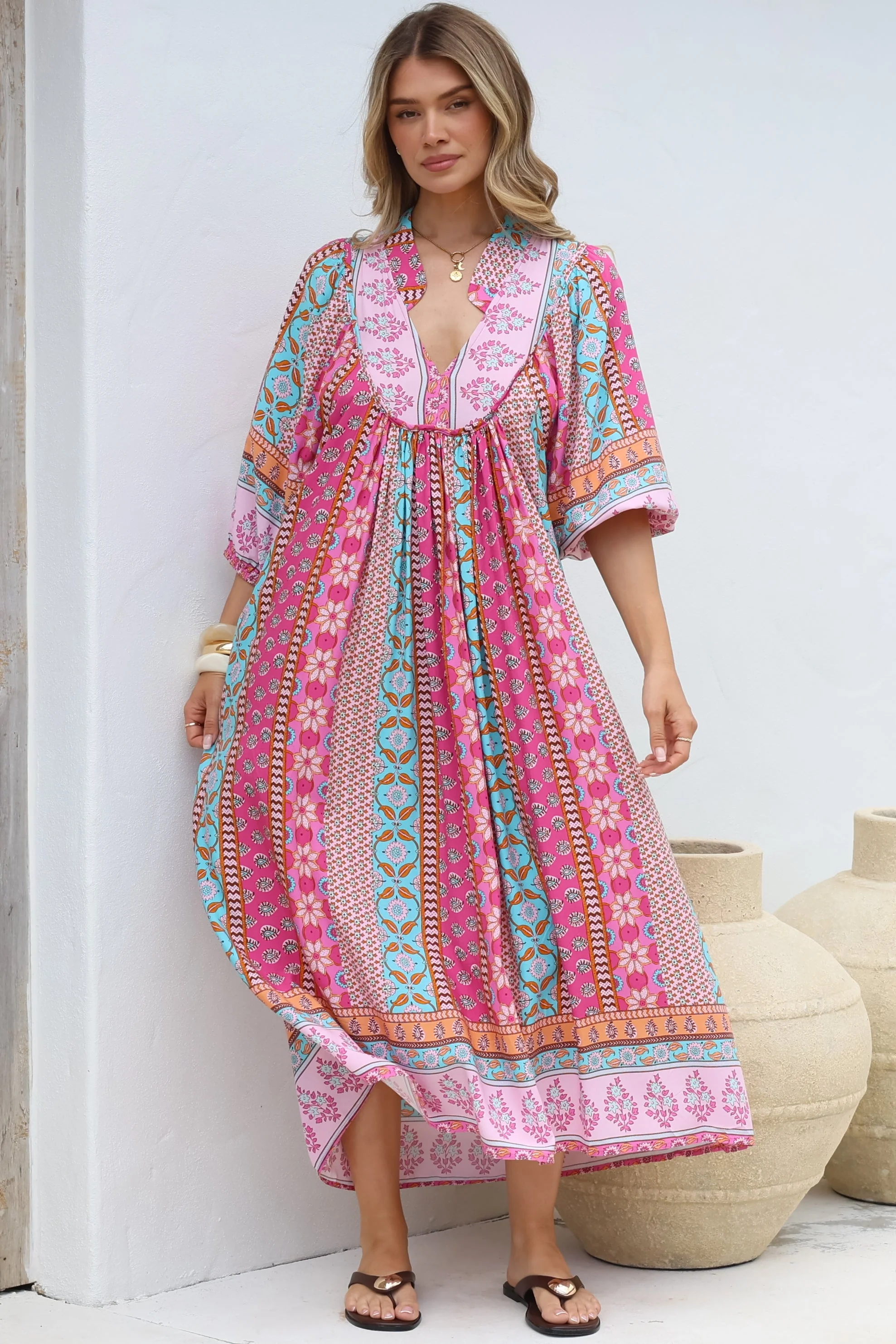JAASE - Boheme Midi Dress: Piping Defined Bust Slimline Smock Dress in Cedella Print - Image 3