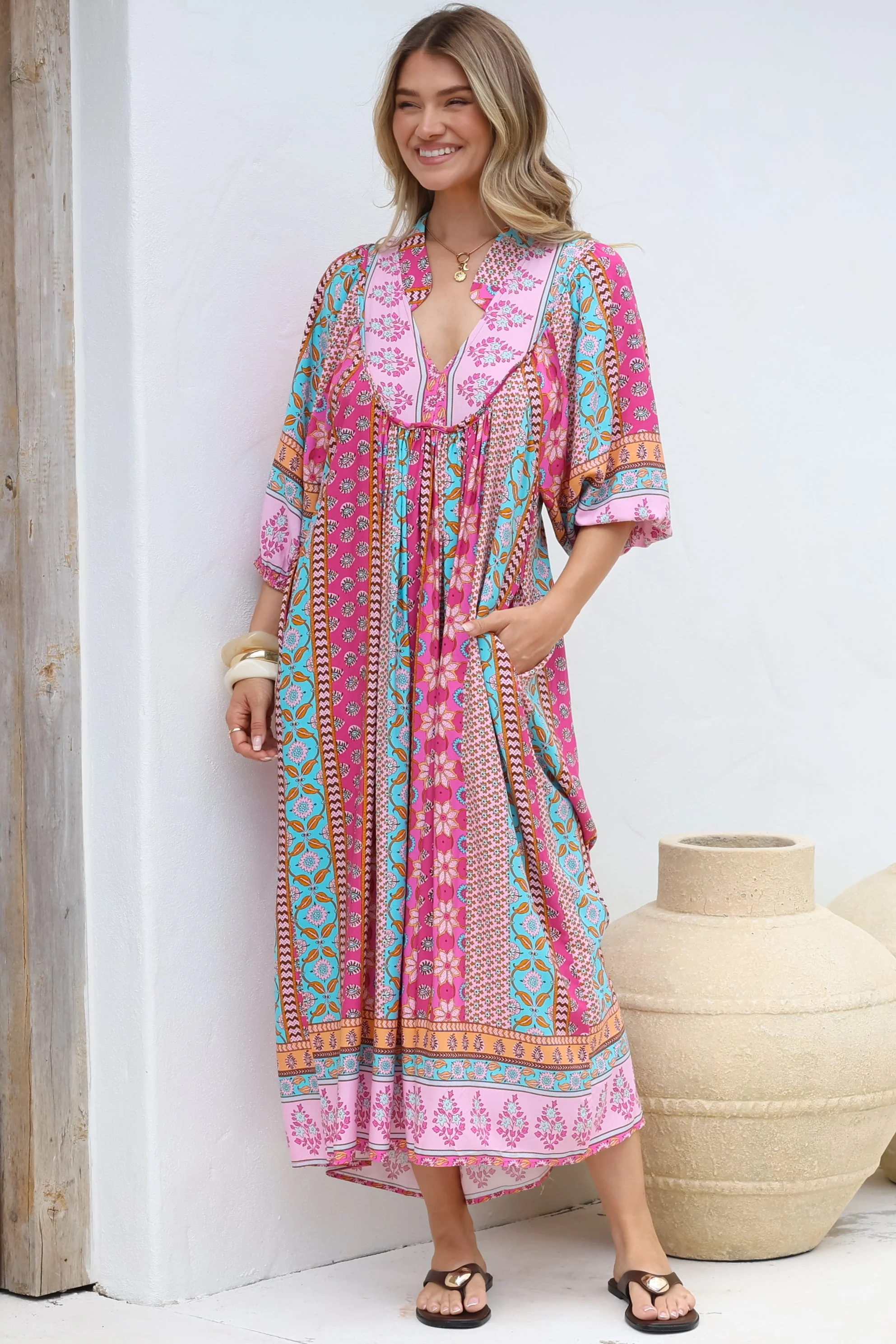 JAASE - Boheme Midi Dress: Piping Defined Bust Slimline Smock Dress in Cedella Print - Image 4