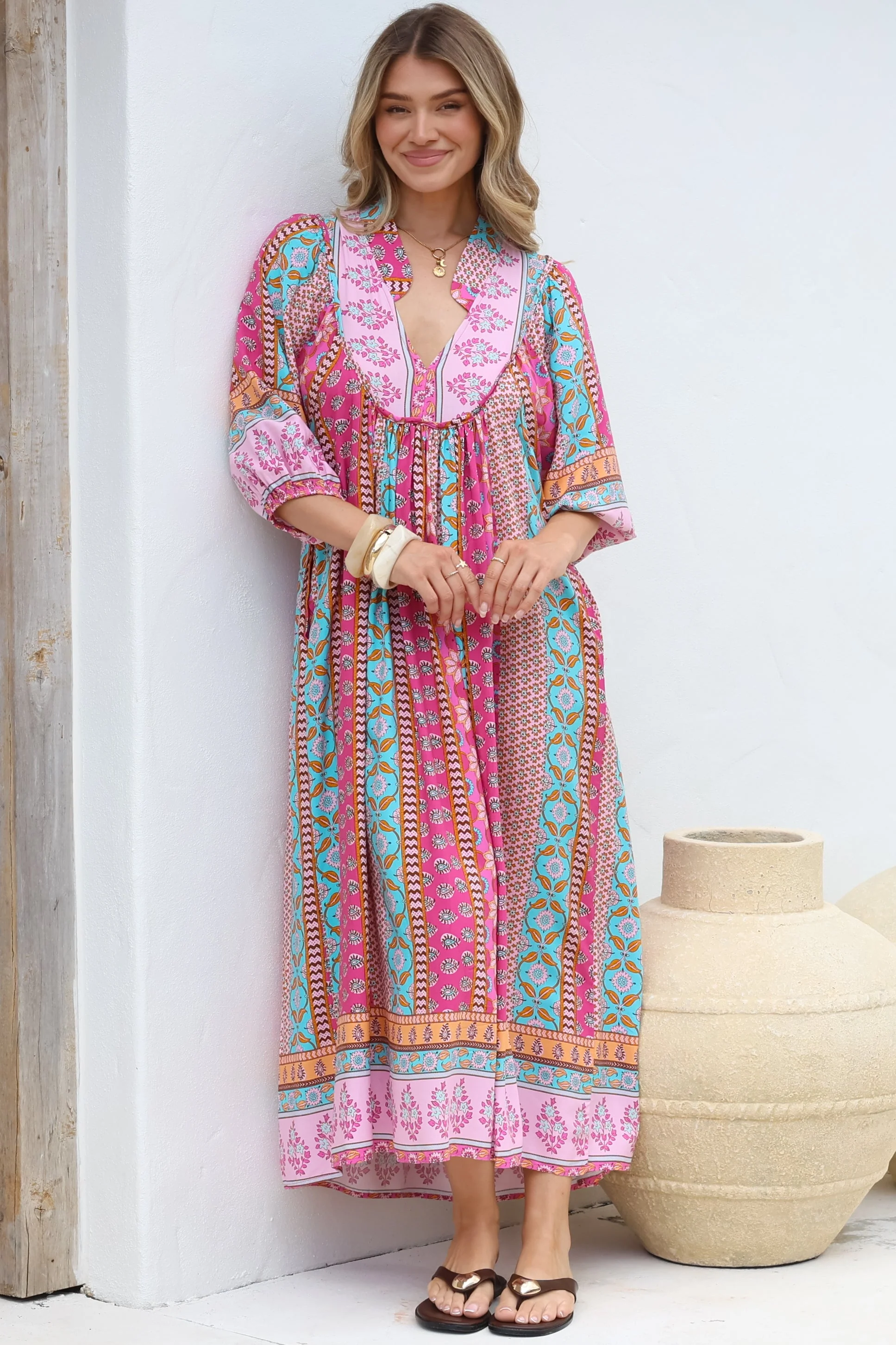 JAASE - Boheme Midi Dress: Piping Defined Bust Slimline Smock Dress in Cedella Print - Image 5