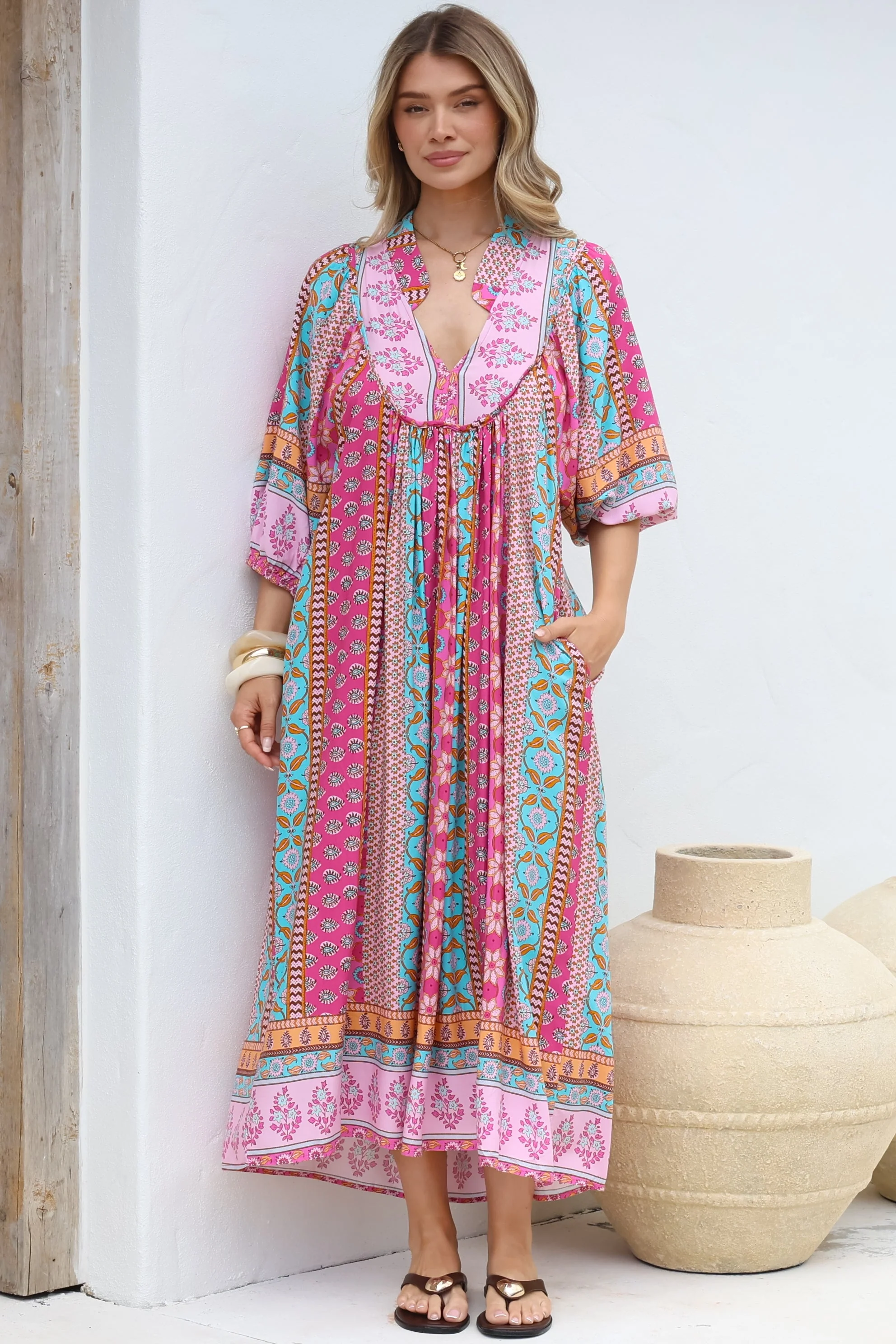 JAASE - Boheme Midi Dress: Piping Defined Bust Slimline Smock Dress in Cedella Print - Image 6