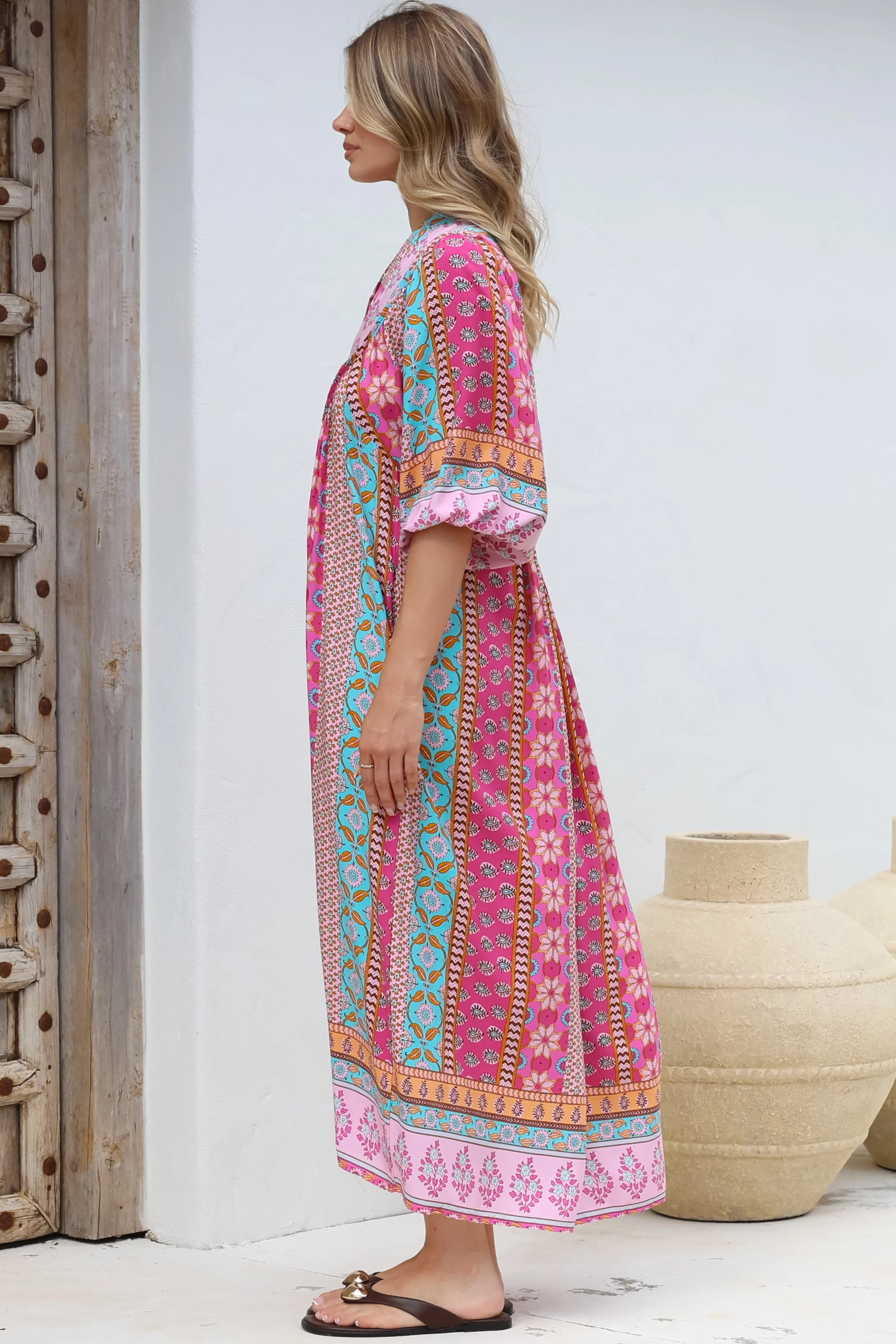 JAASE - Boheme Midi Dress: Piping Defined Bust Slimline Smock Dress in Cedella Print - Image 7