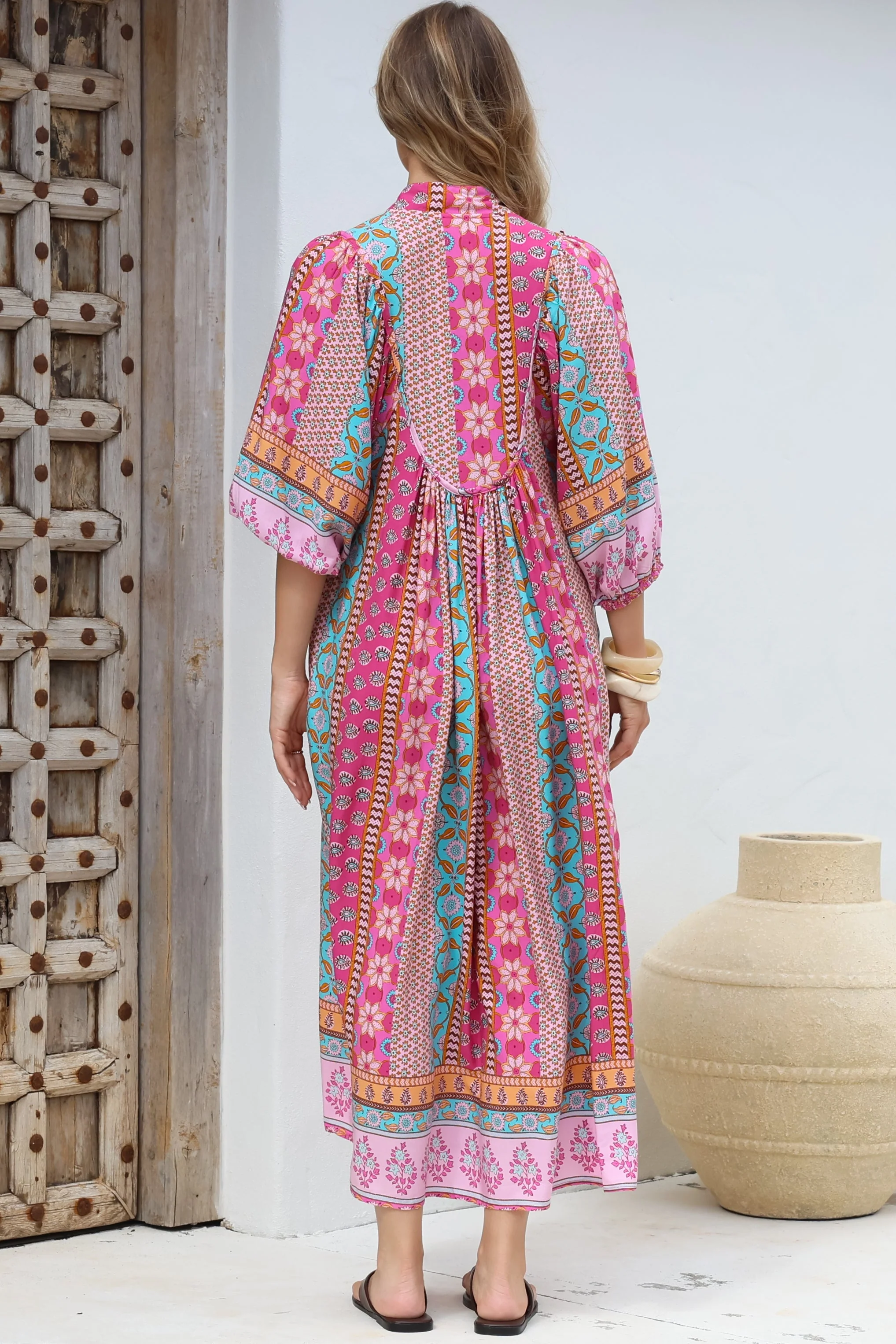 JAASE - Boheme Midi Dress: Piping Defined Bust Slimline Smock Dress in Cedella Print - Image 8