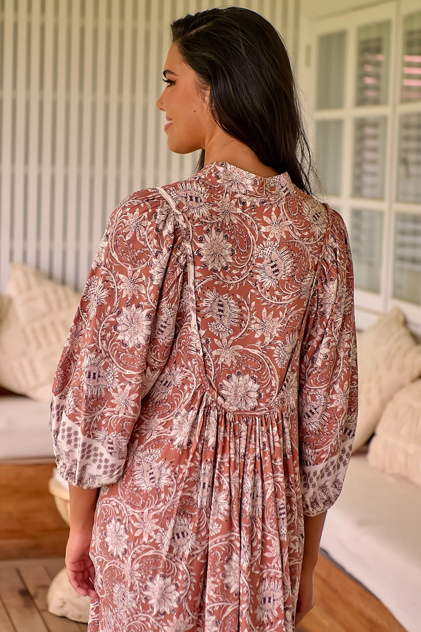 JAASE - Boheme Midi Dress: Piping Defined Bust Slimline Smock Dress In Indah Print - Image 10