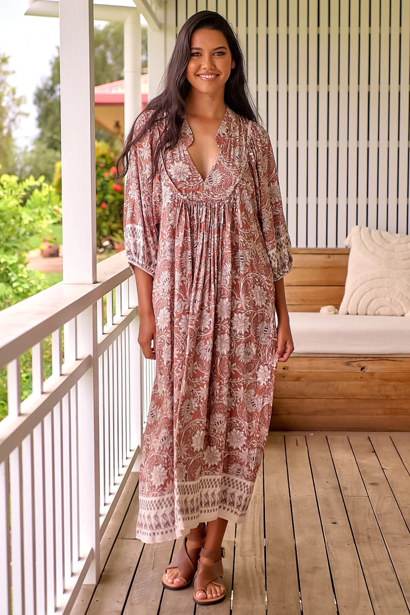 JAASE - Boheme Midi Dress: Piping Defined Bust Slimline Smock Dress In Indah Print - Image 2