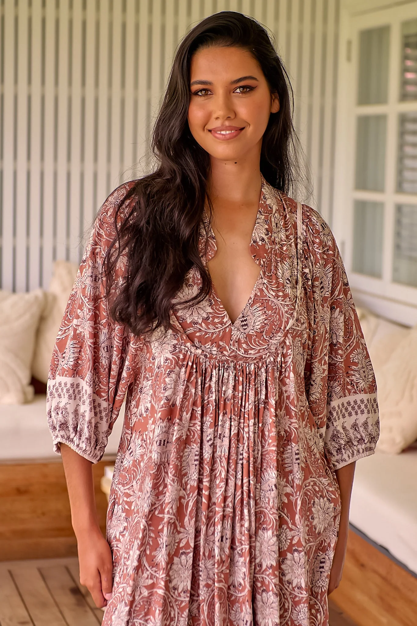 JAASE - Boheme Midi Dress: Piping Defined Bust Slimline Smock Dress In Indah Print - Image 3