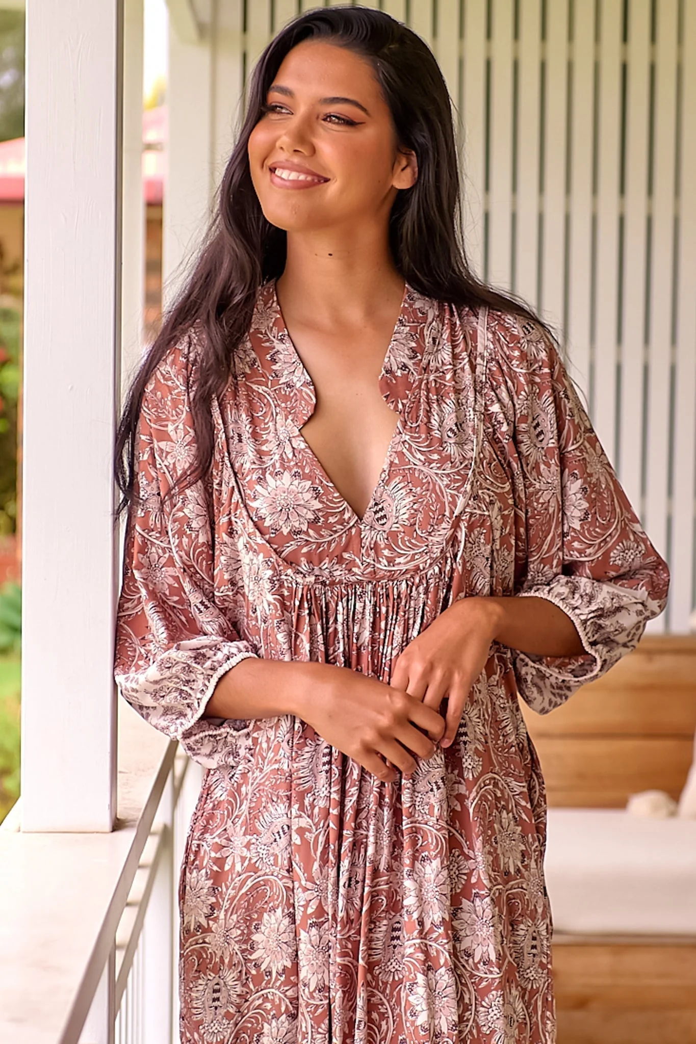 JAASE - Boheme Midi Dress: Piping Defined Bust Slimline Smock Dress In Indah Print - Image 5