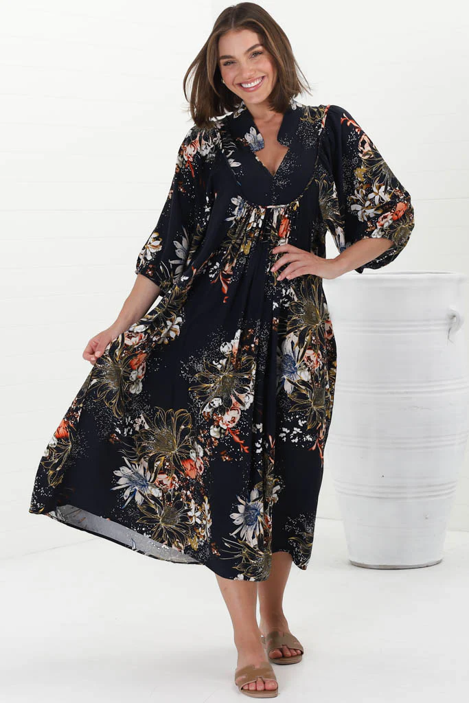 JAASE - Boheme Midi Dress: Piping Defined Bust Slimline Smock Dress In Indigo Print - Image 4
