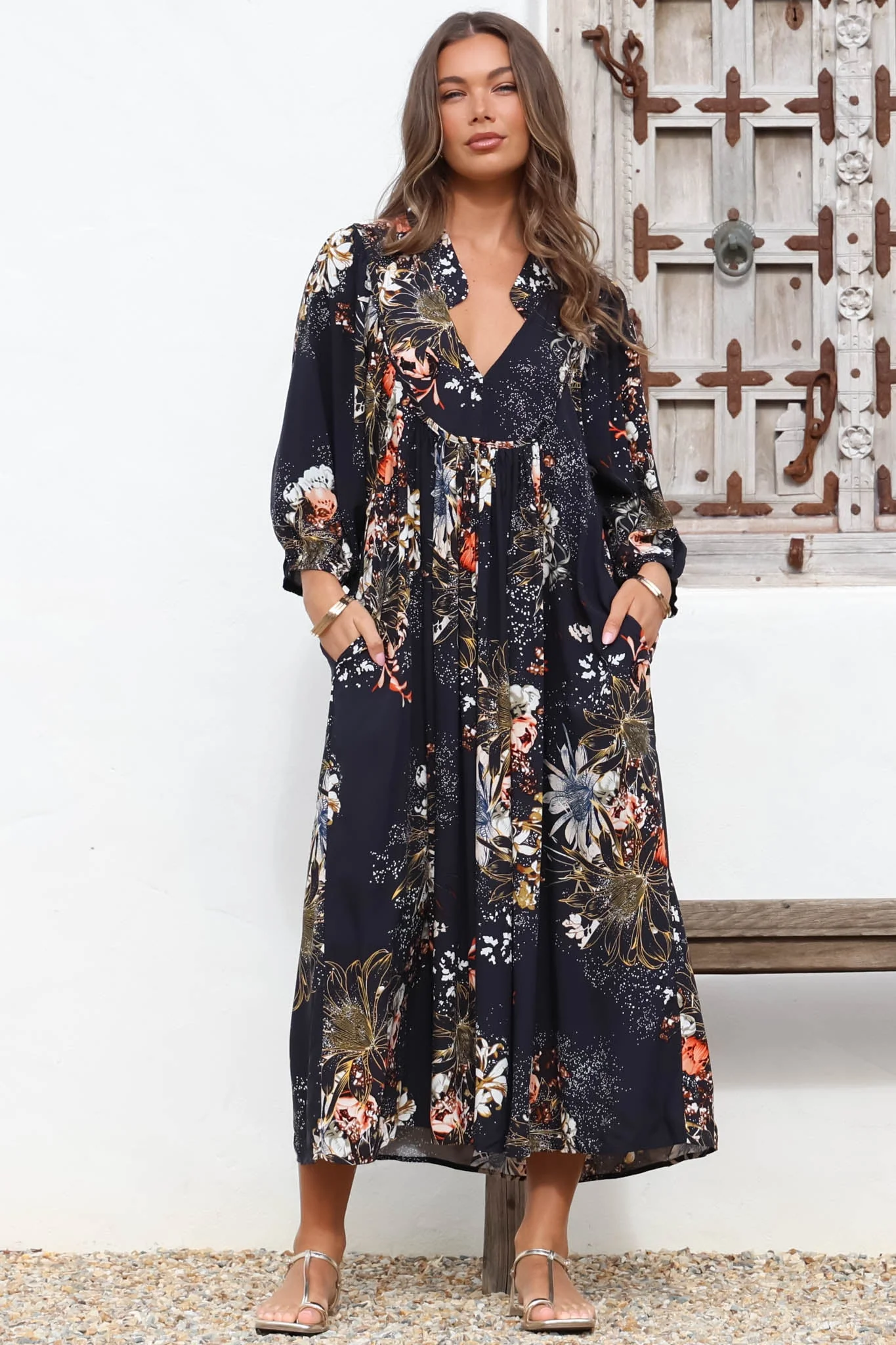 JAASE - Boheme Midi Dress: Piping Defined Bust Slimline Smock Dress In Indigo Print - Image 6