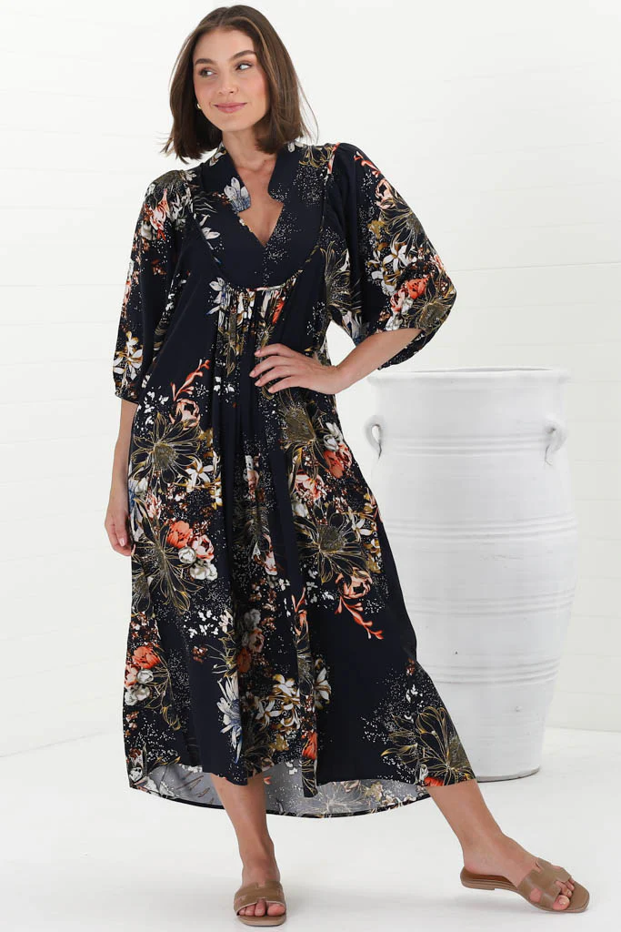 JAASE - Boheme Midi Dress: Piping Defined Bust Slimline Smock Dress In Indigo Print - Image 7