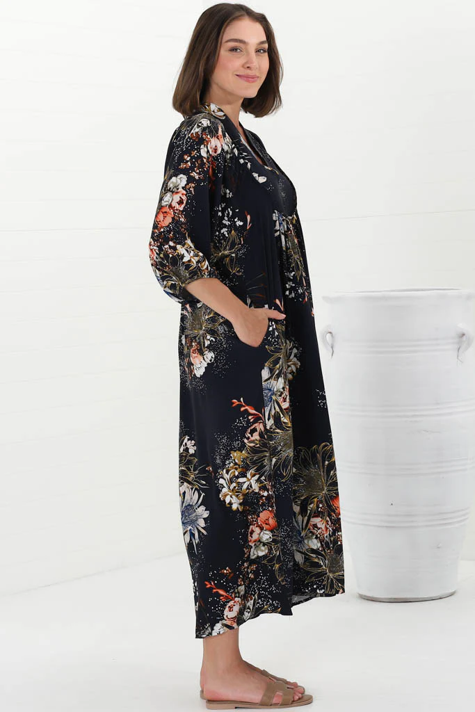 JAASE - Boheme Midi Dress: Piping Defined Bust Slimline Smock Dress In Indigo Print - Image 8