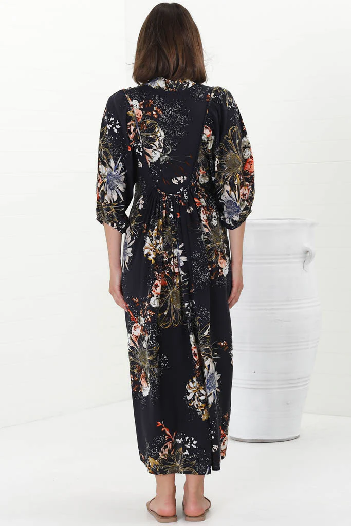 JAASE - Boheme Midi Dress: Piping Defined Bust Slimline Smock Dress In Indigo Print - Image 9