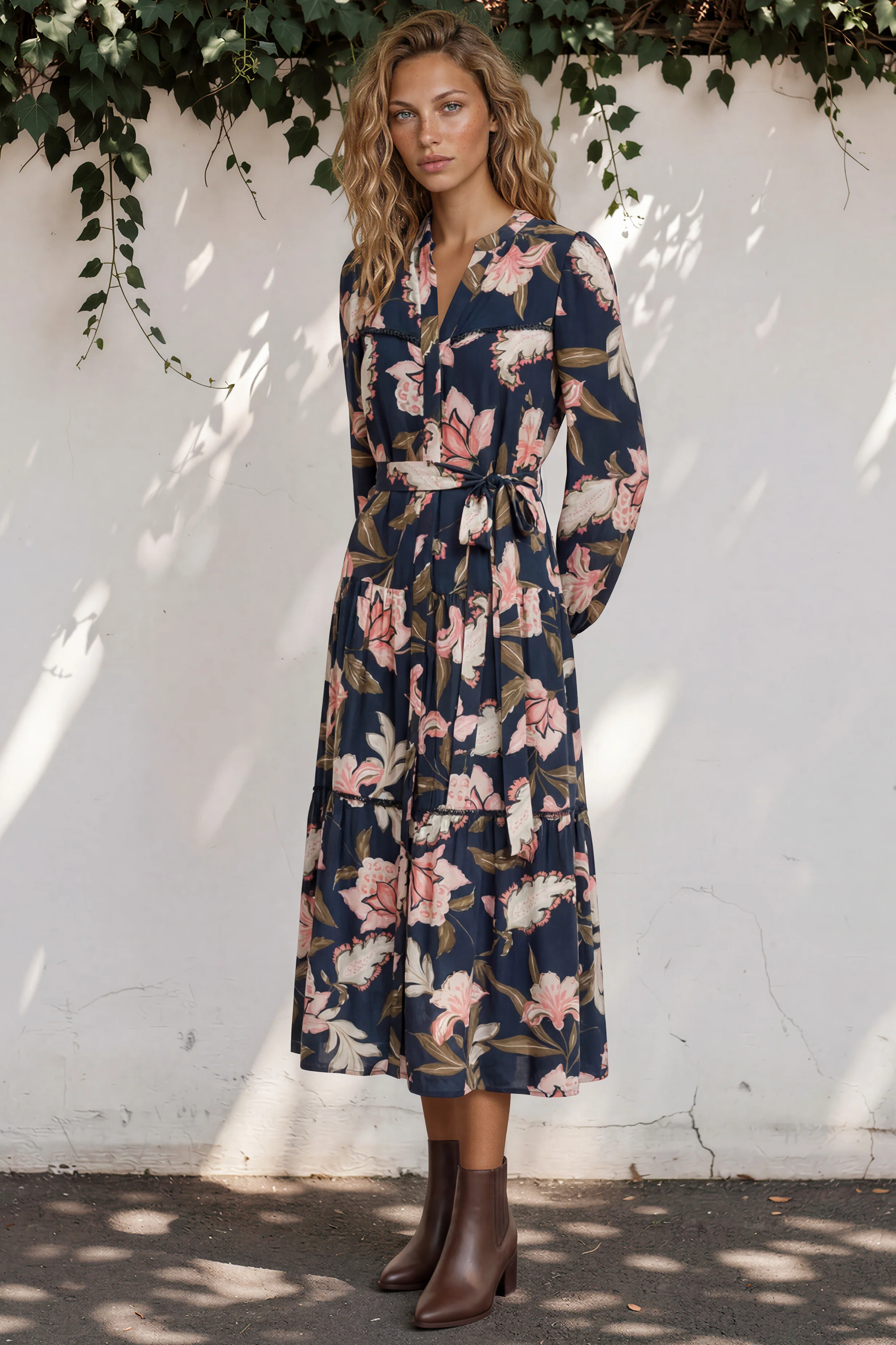 Bonham Maxi Dress - Mandarin Collar Front Button Placket Dress with Belt in Brighton Print - Image 2