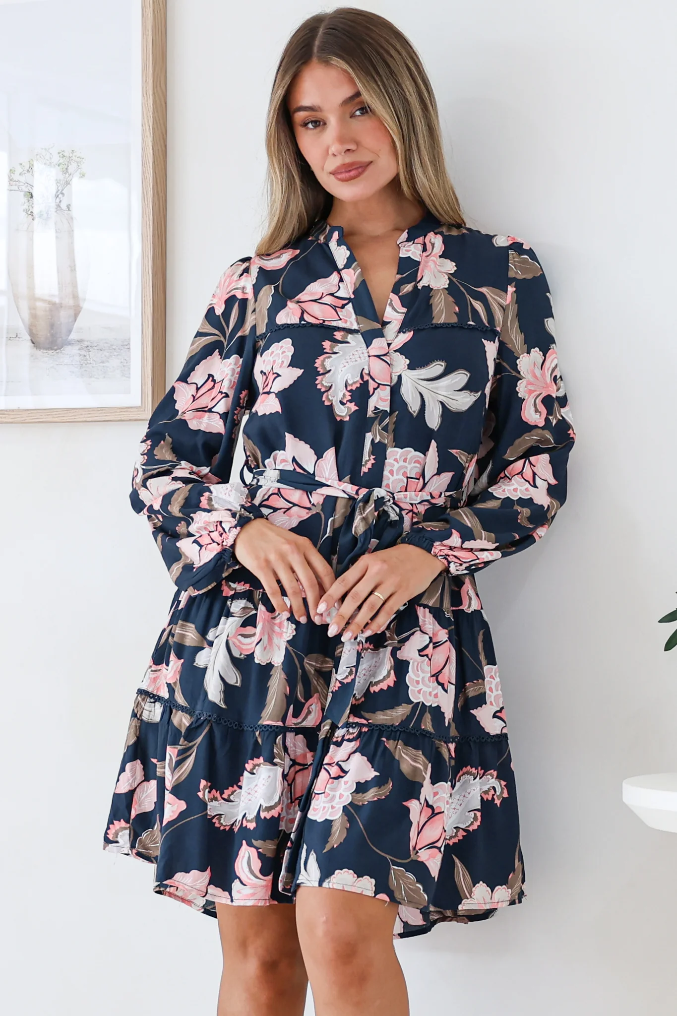 Bonham Mini Dress - Mandarin Collar Button Down Tiered Dress with Lace Trims in Brighton Print - Image 2