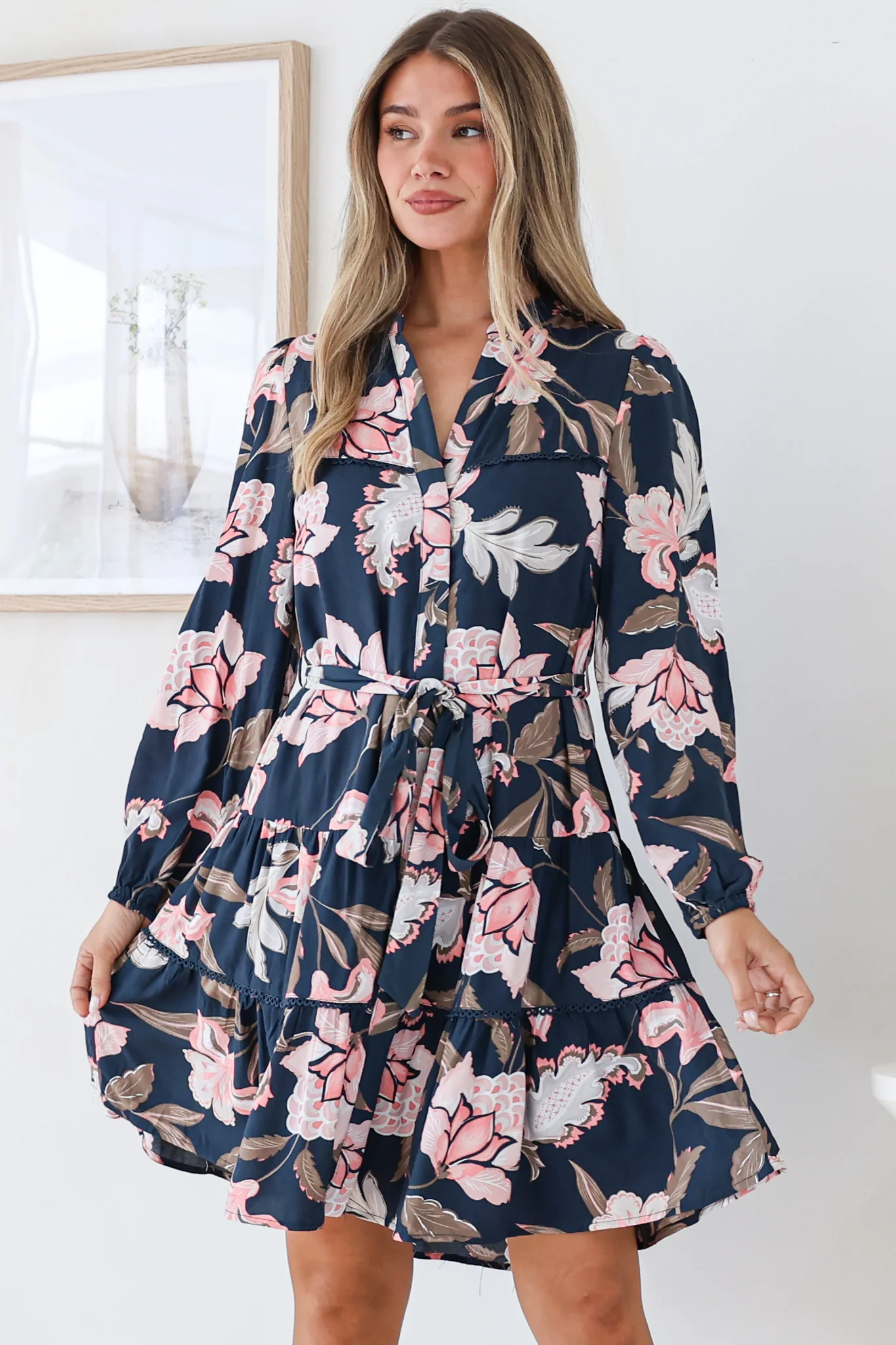 Bonham Mini Dress - Mandarin Collar Button Down Tiered Dress with Lace Trims in Brighton Print - Image 3