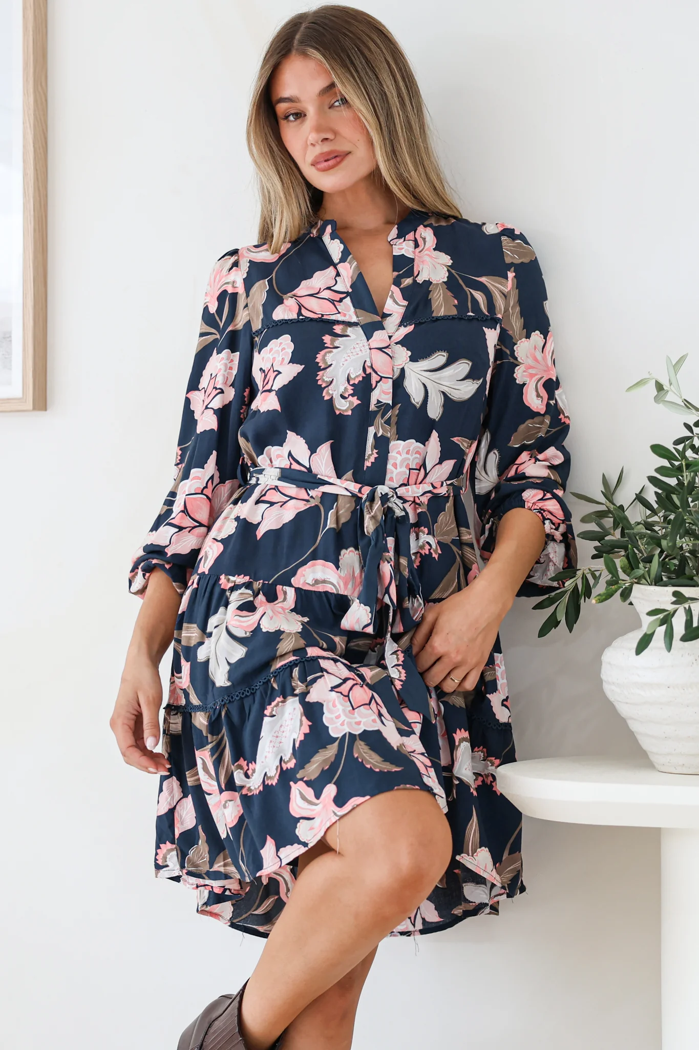 Bonham Mini Dress - Mandarin Collar Button Down Tiered Dress with Lace Trims in Brighton Print - Image 4