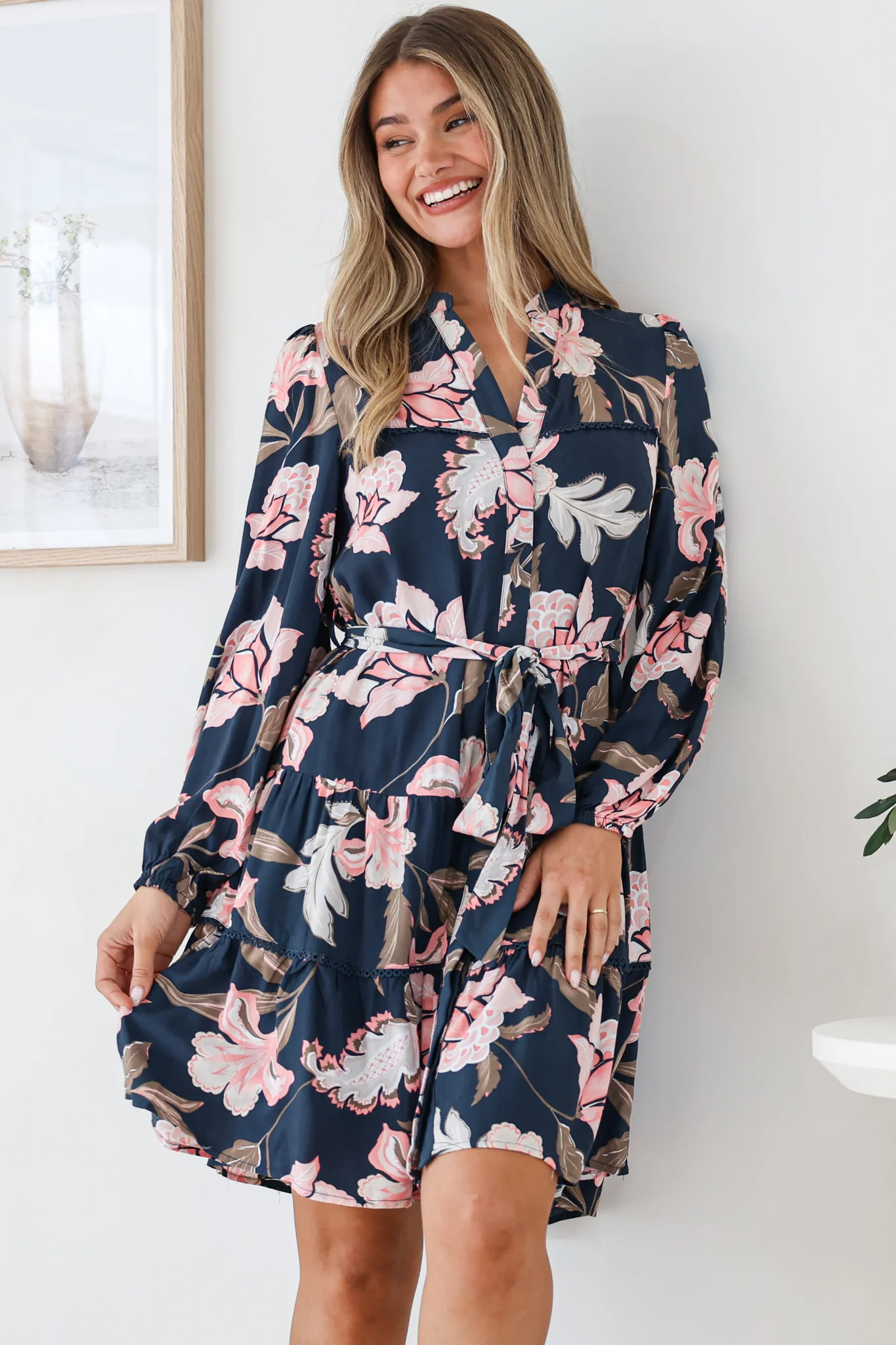 Bonham Mini Dress - Mandarin Collar Button Down Tiered Dress with Lace Trims in Brighton Print - Image 5