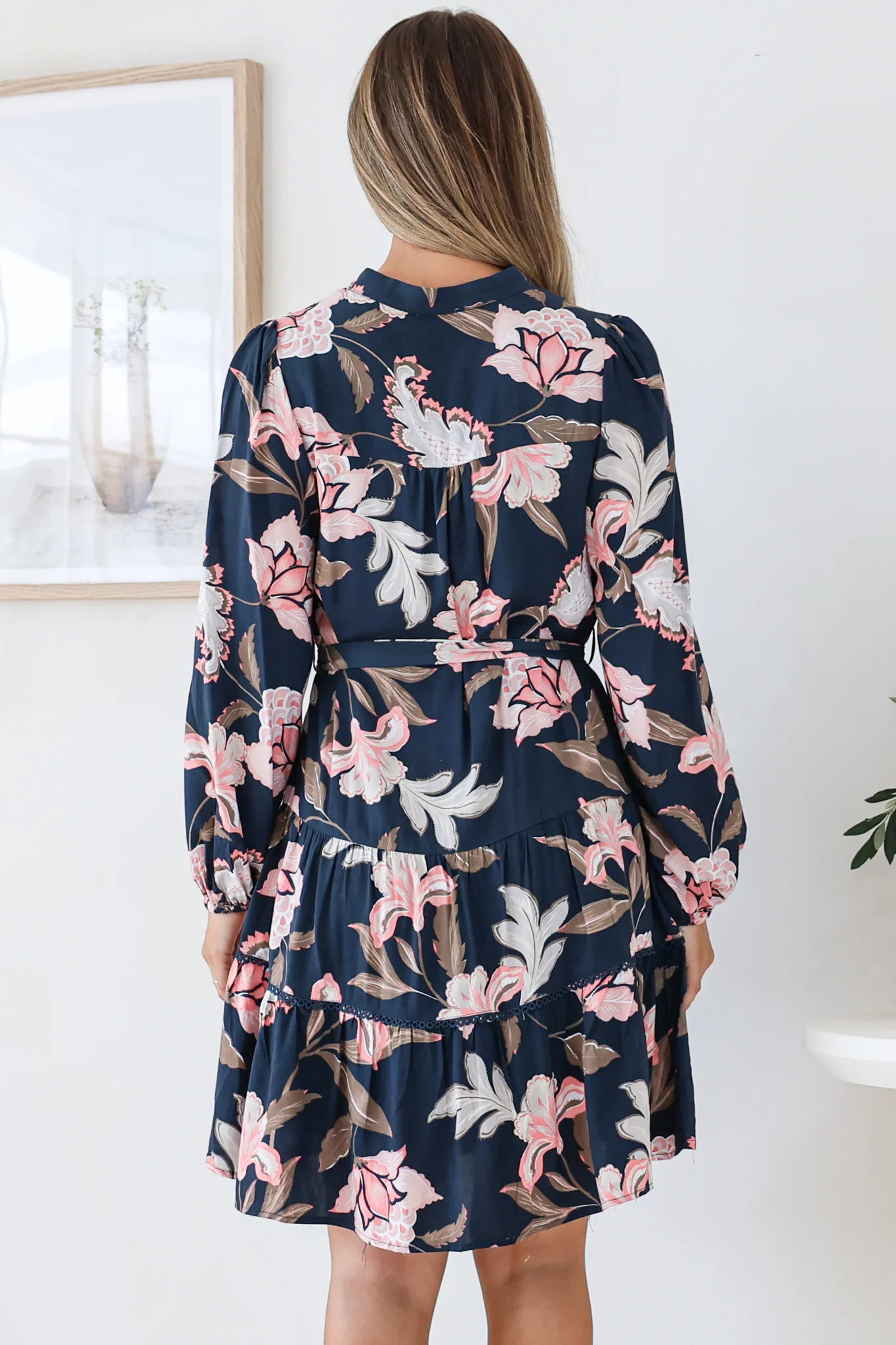 Bonham Mini Dress - Mandarin Collar Button Down Tiered Dress with Lace Trims in Brighton Print - Image 7