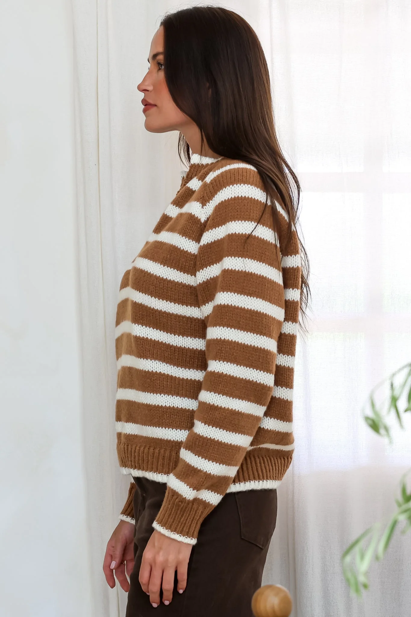 Boscoe Jumper - Split Collar V-Neck Striped Long Sleeve Knit in Caramel - Image 7