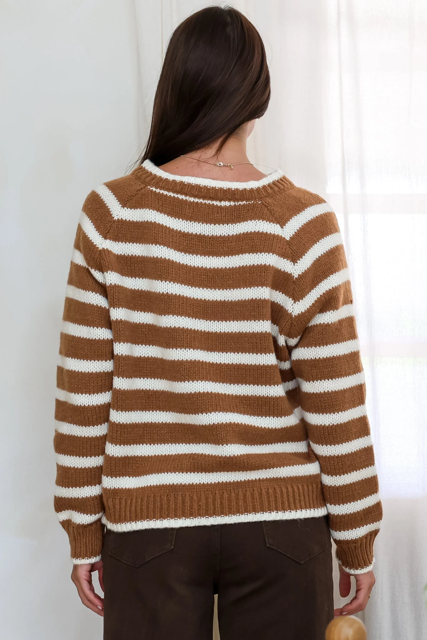 Boscoe Jumper - Split Collar V-Neck Striped Long Sleeve Knit in Caramel - Image 8