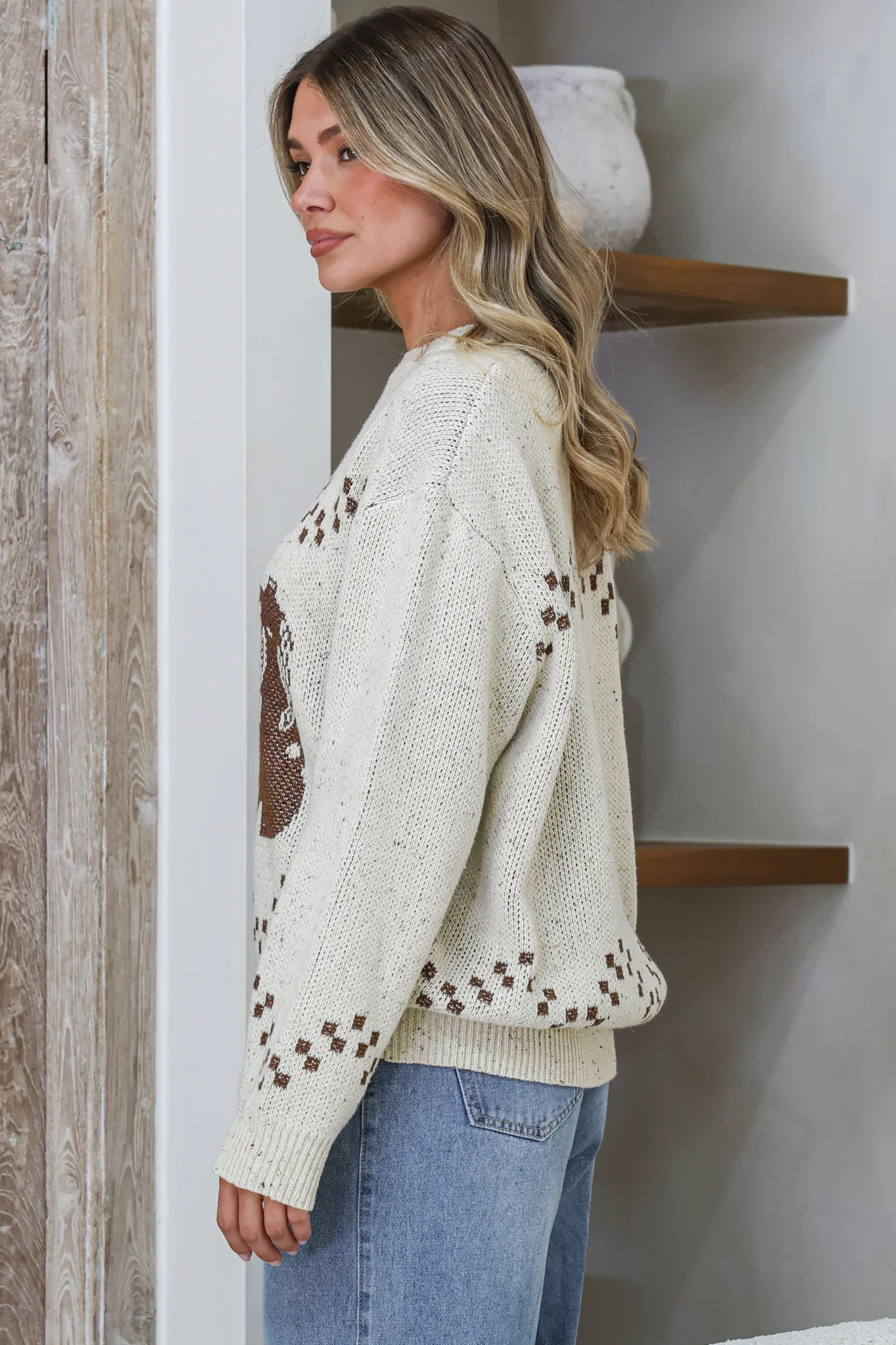 Brandy Jumper - Crew Neck Contrast Cowgirl Boot Motif Knit in Beige - Image 5