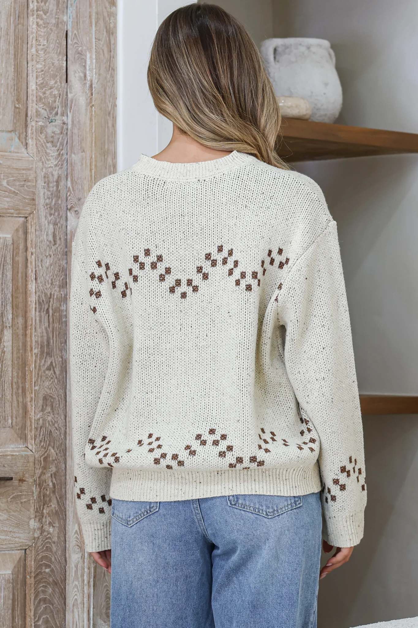 Brandy Jumper - Crew Neck Contrast Cowgirl Boot Motif Knit in Beige - Image 6