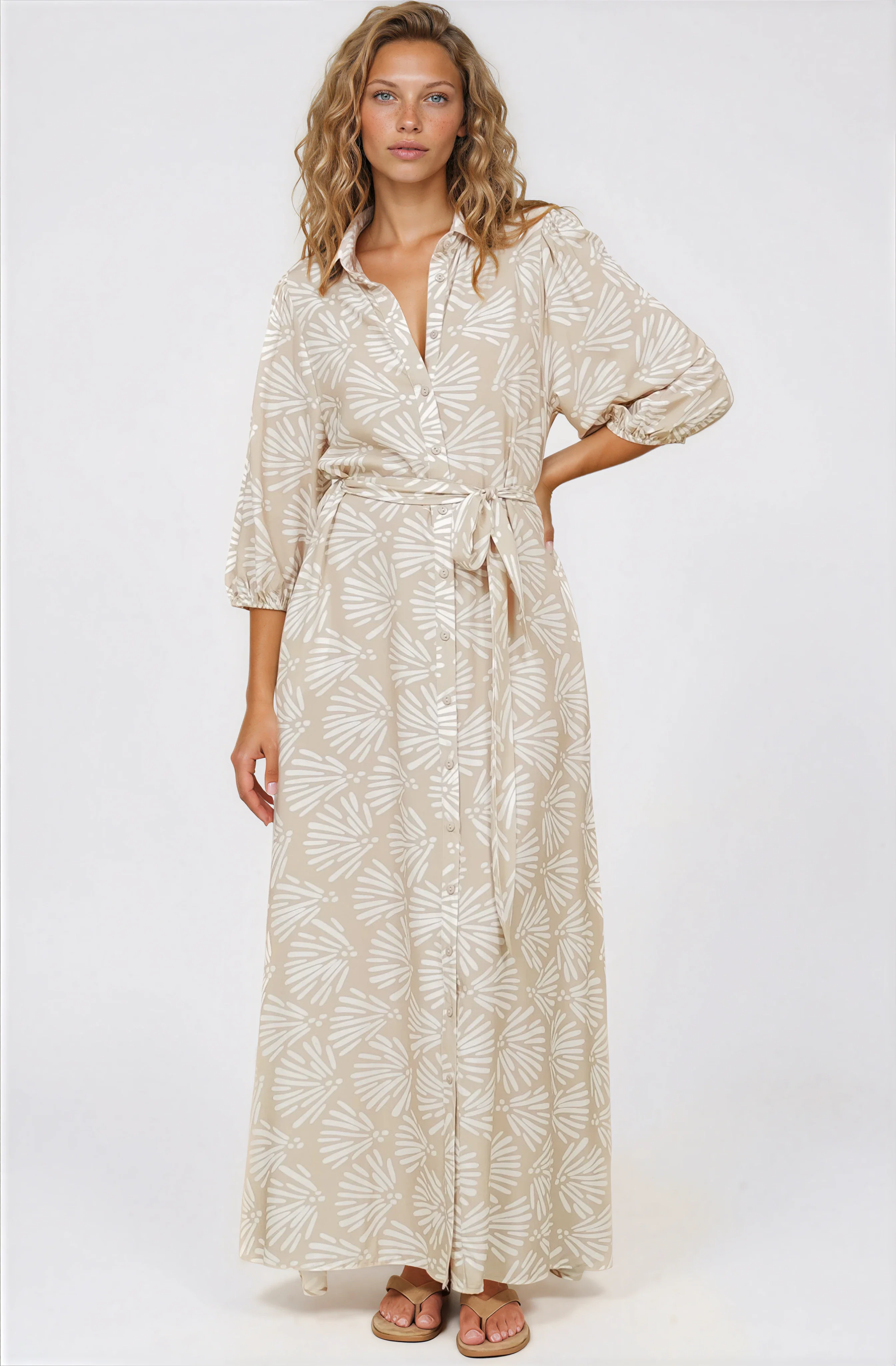 Brea Maxi Dress - Collared Shirt Dress with Belt in Catia Print Beige - Image 2