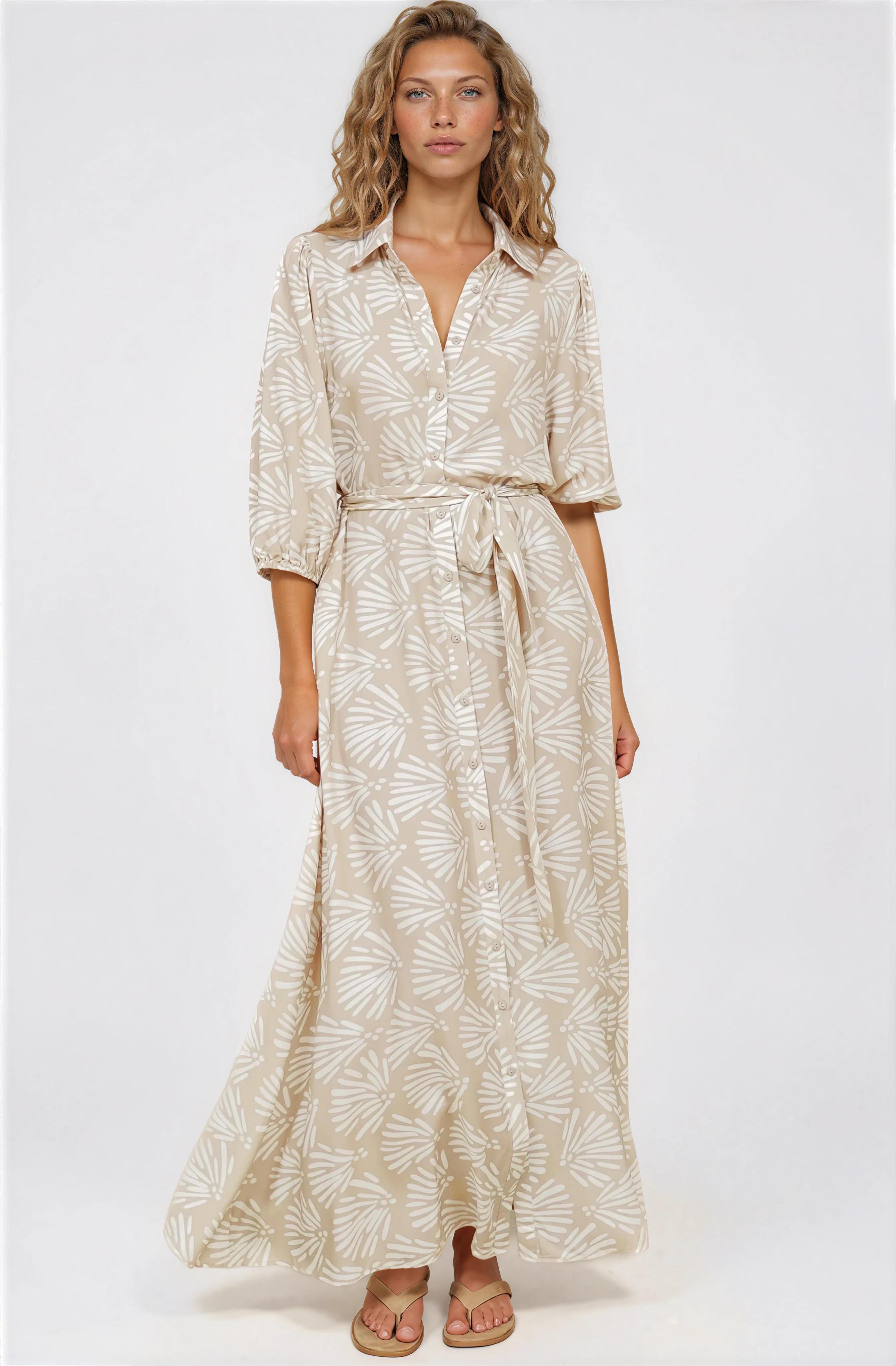 Brea Maxi Dress - Collared Shirt Dress with Belt in Catia Print Beige - Image 3