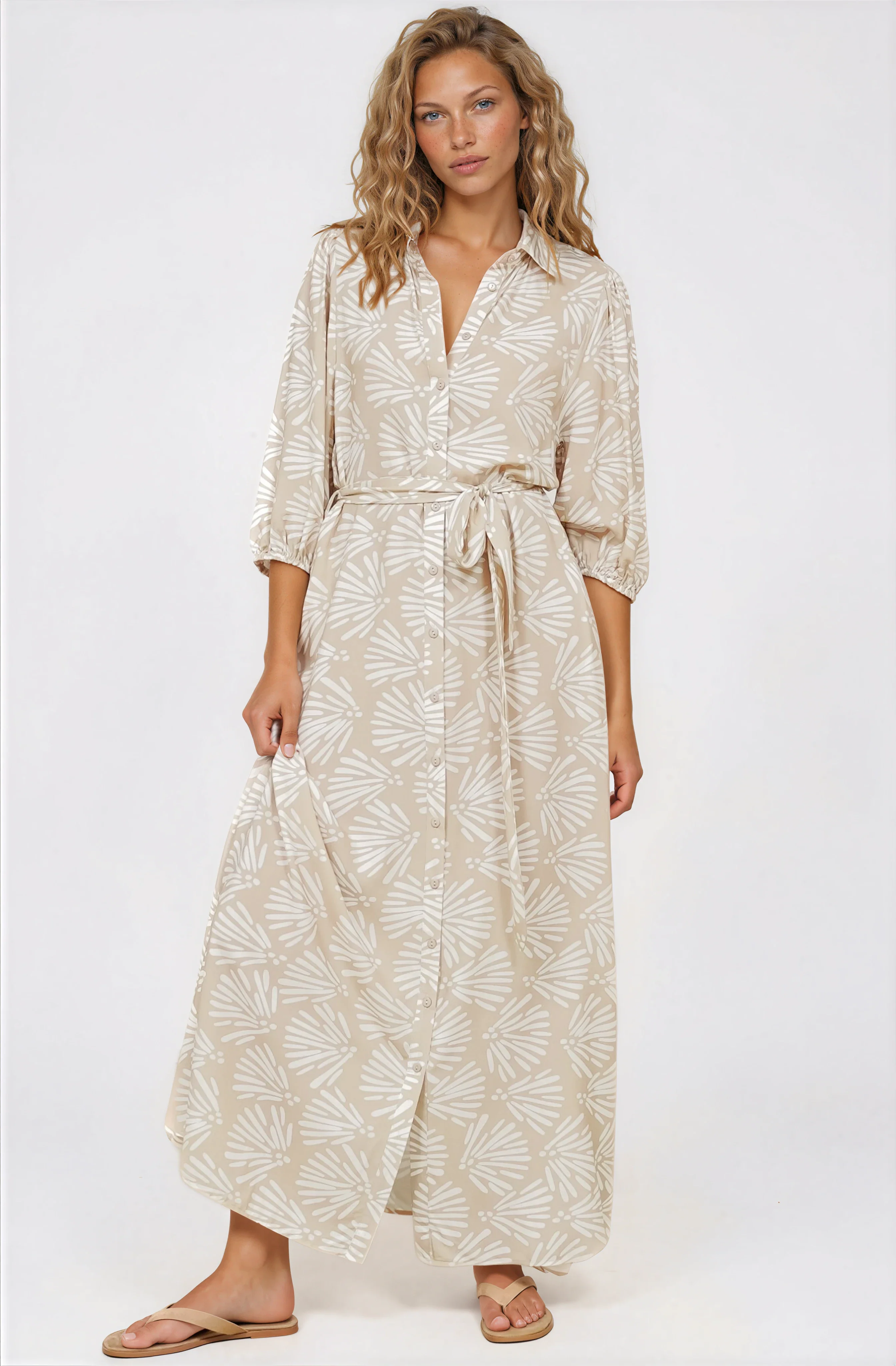 Brea Maxi Dress - Collared Shirt Dress with Belt in Catia Print Beige - Image 4