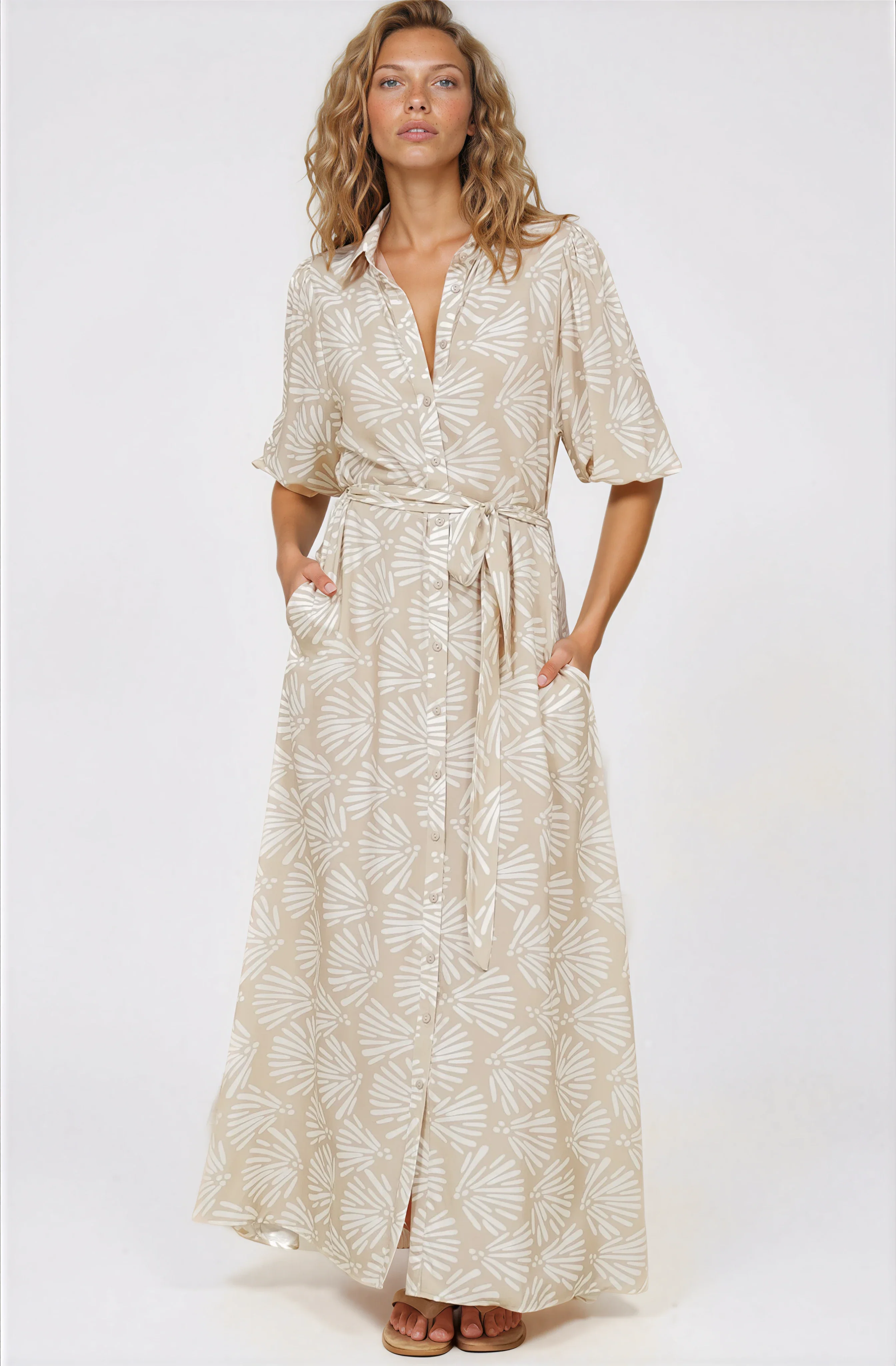Brea Maxi Dress - Collared Shirt Dress with Belt in Catia Print Beige - Image 5
