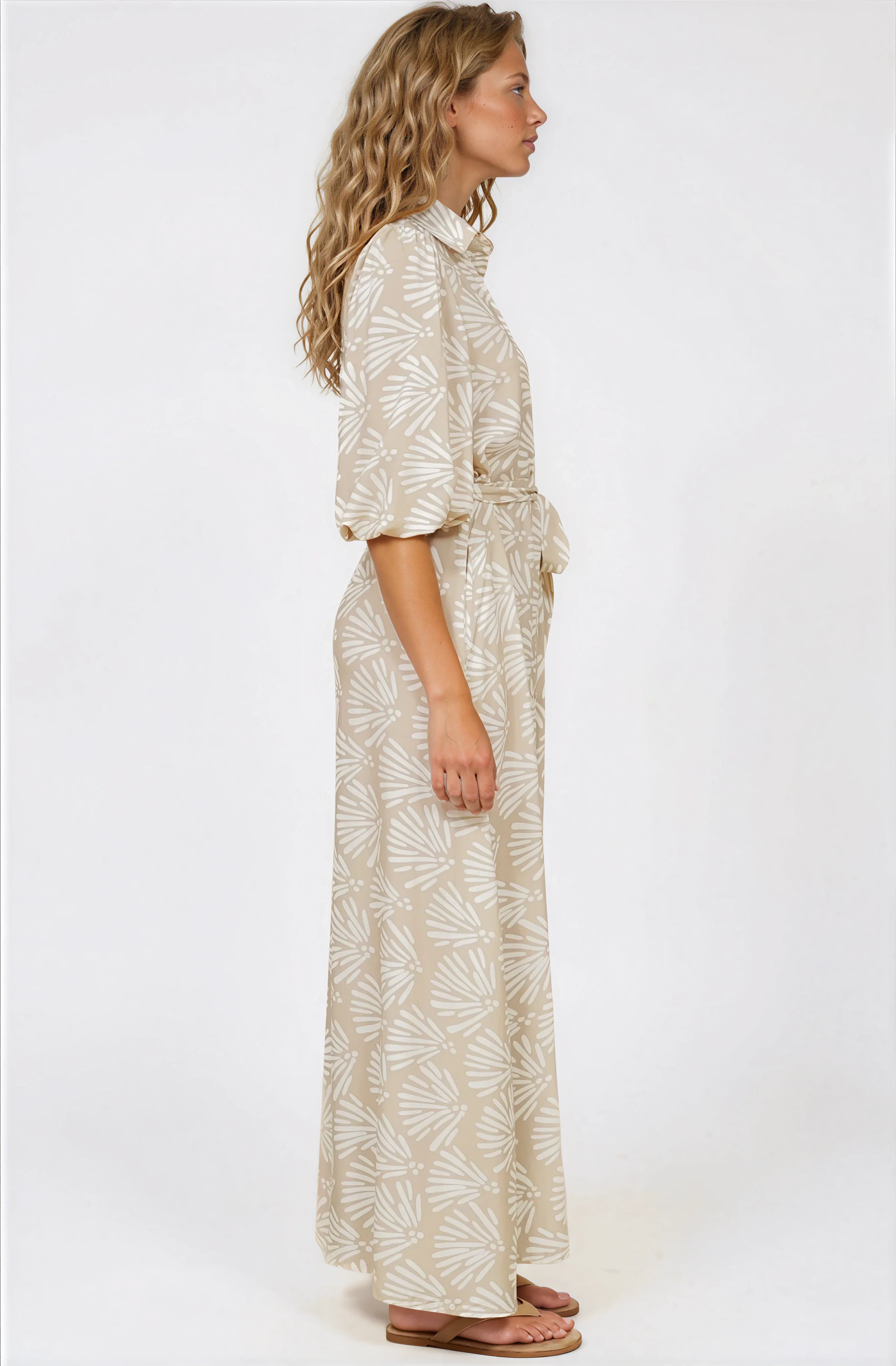 Brea Maxi Dress - Collared Shirt Dress with Belt in Catia Print Beige - Image 6