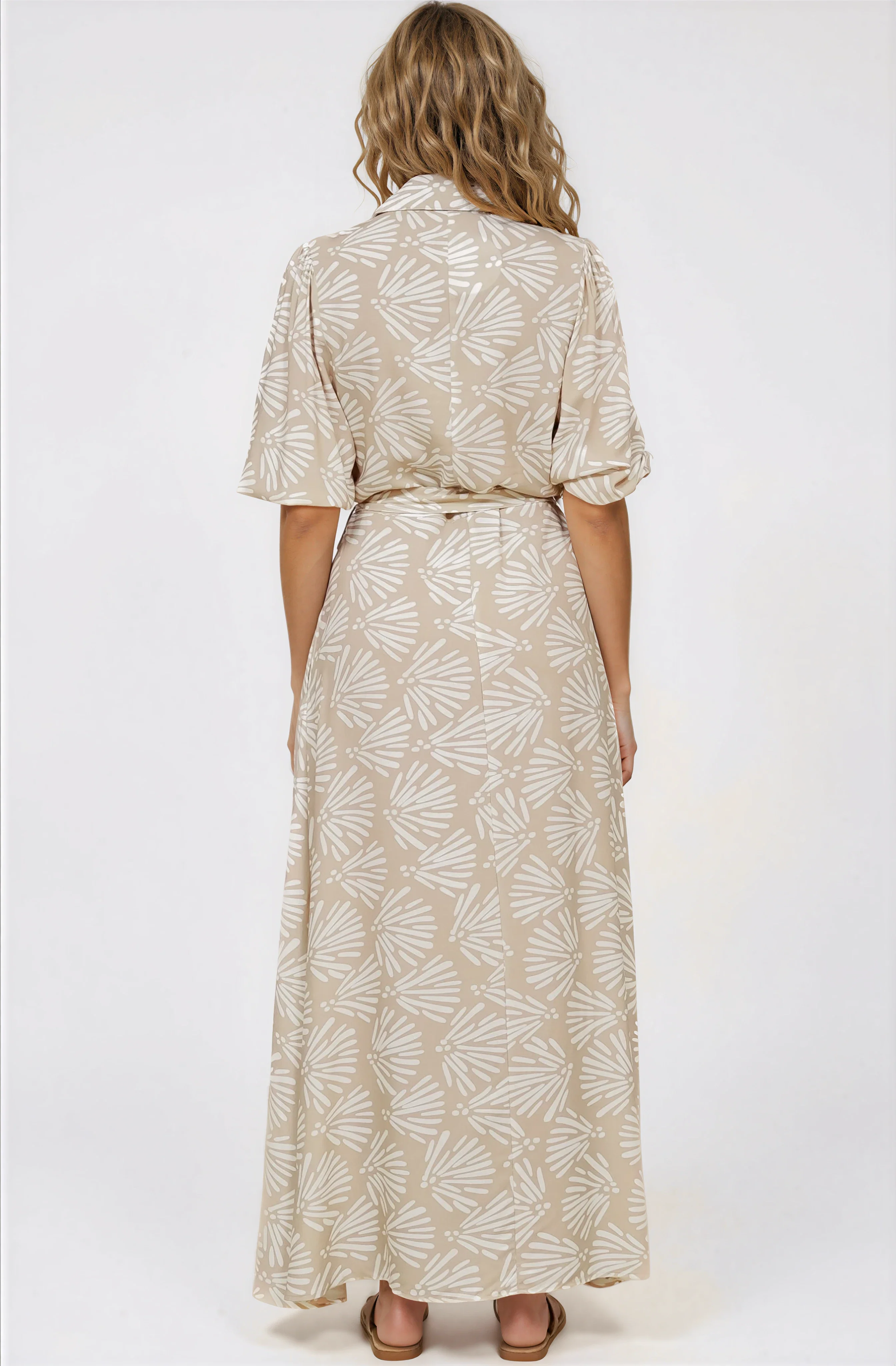 Brea Maxi Dress - Collared Shirt Dress with Belt in Catia Print Beige - Image 7