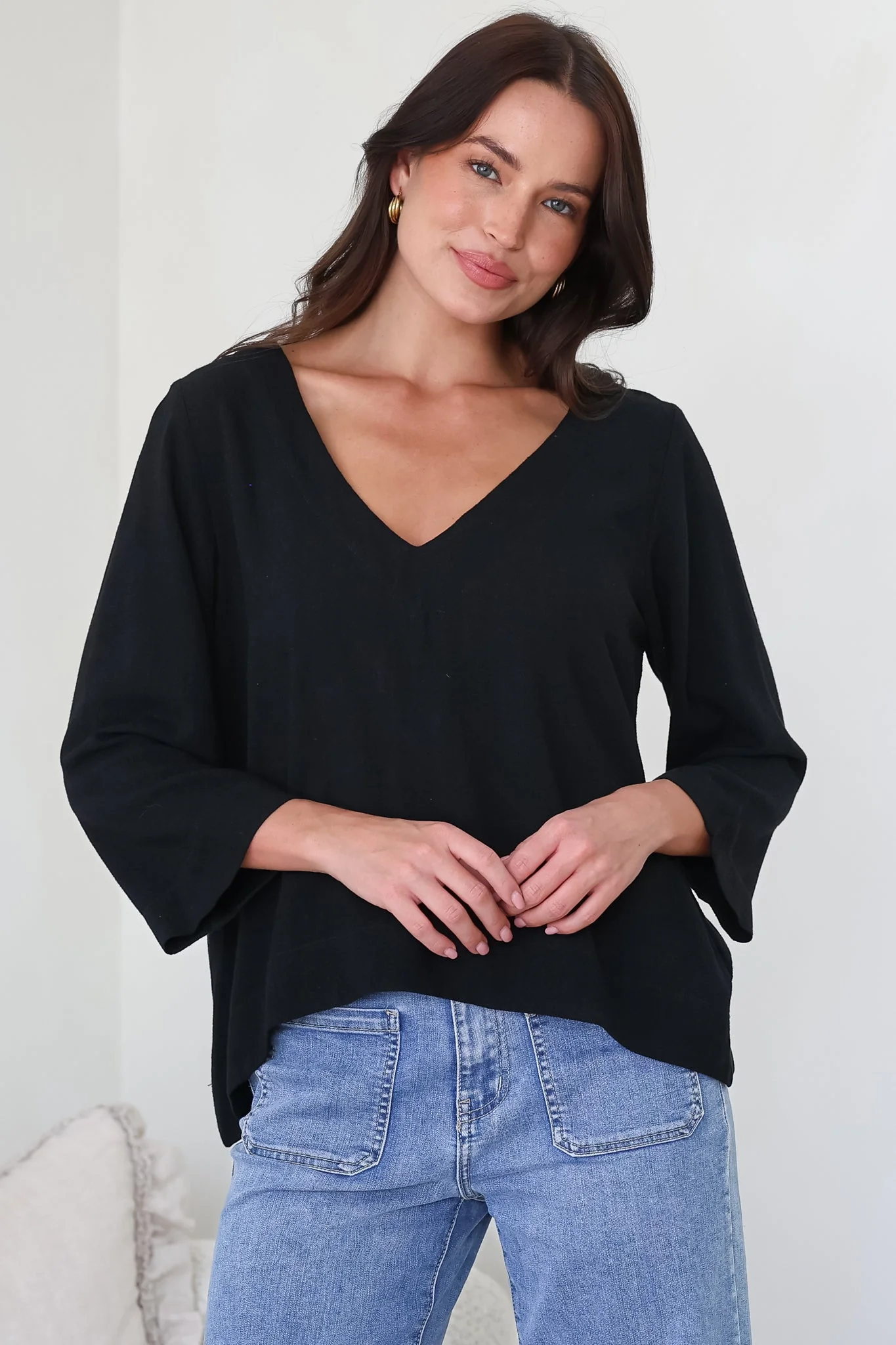 Breezer Top - Long Sleeve V Neck Pull Over Top with High Low Hemline in Black - Image 2