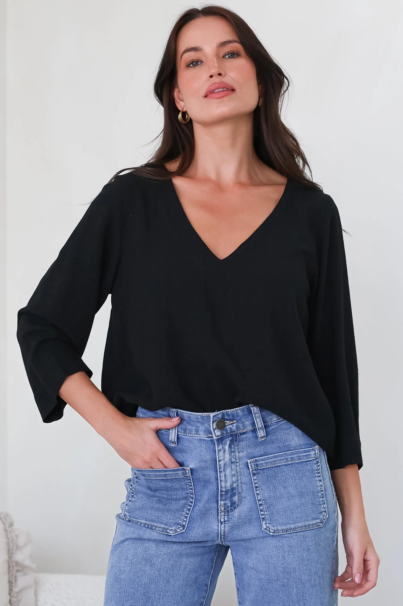 Breezer Top - Long Sleeve V Neck Pull Over Top with High Low Hemline in Black - Image 4