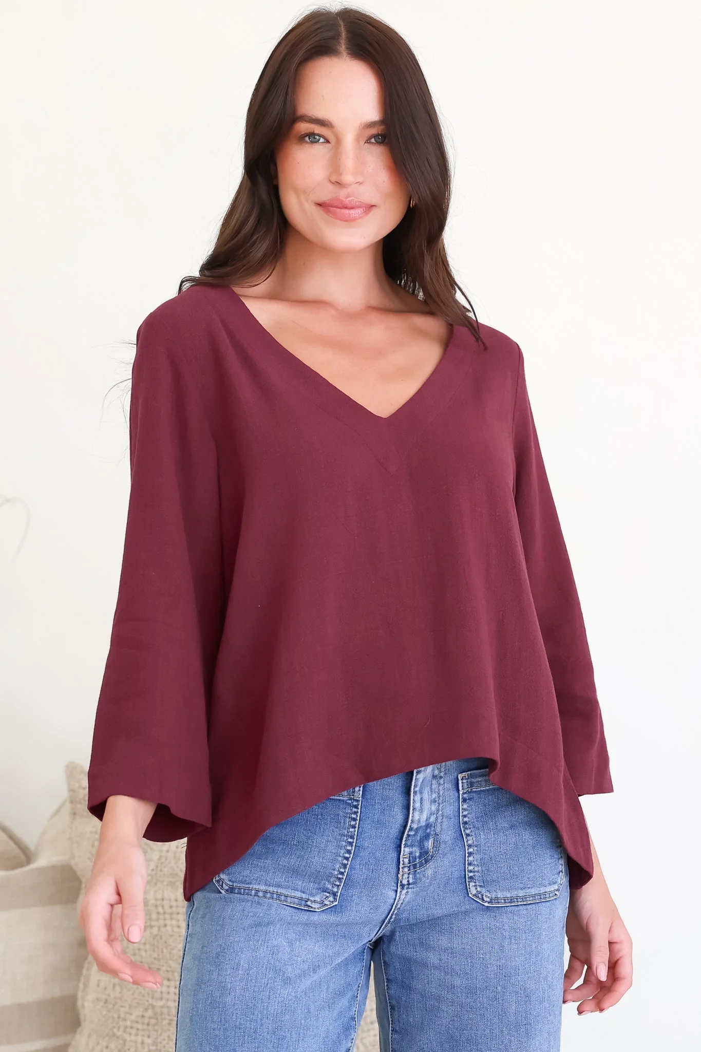 Breezer Top - Long Sleeve V Neck Pull Over Top with High Low Hemline in Wine - Image 2