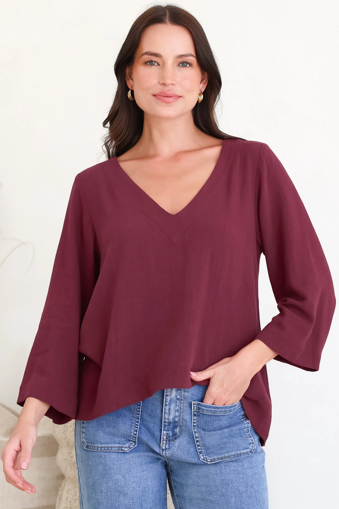 Breezer Top - Long Sleeve V Neck Pull Over Top with High Low Hemline in Wine - Image 3