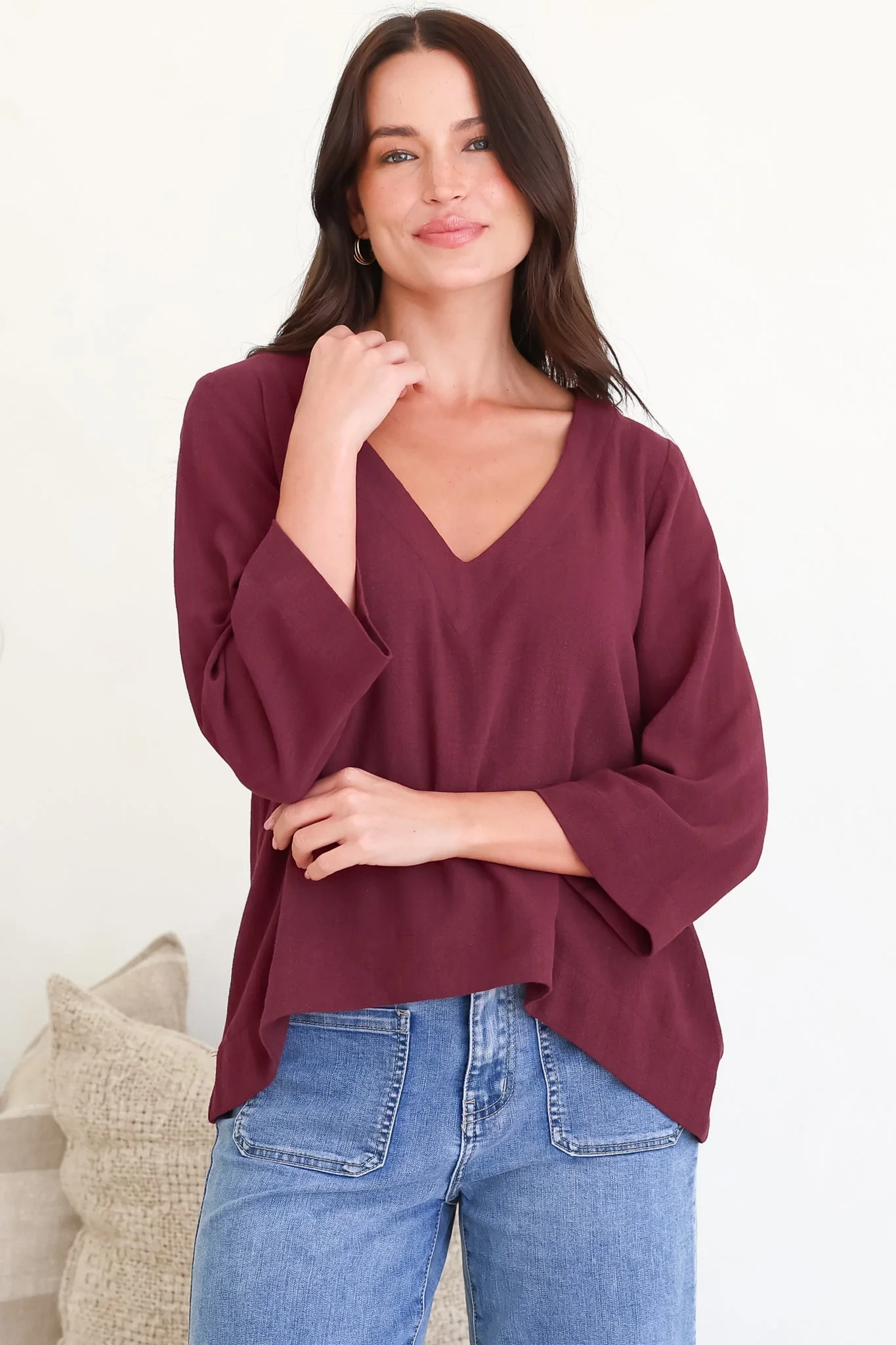 Breezer Top - Long Sleeve V Neck Pull Over Top with High Low Hemline in Wine - Image 6