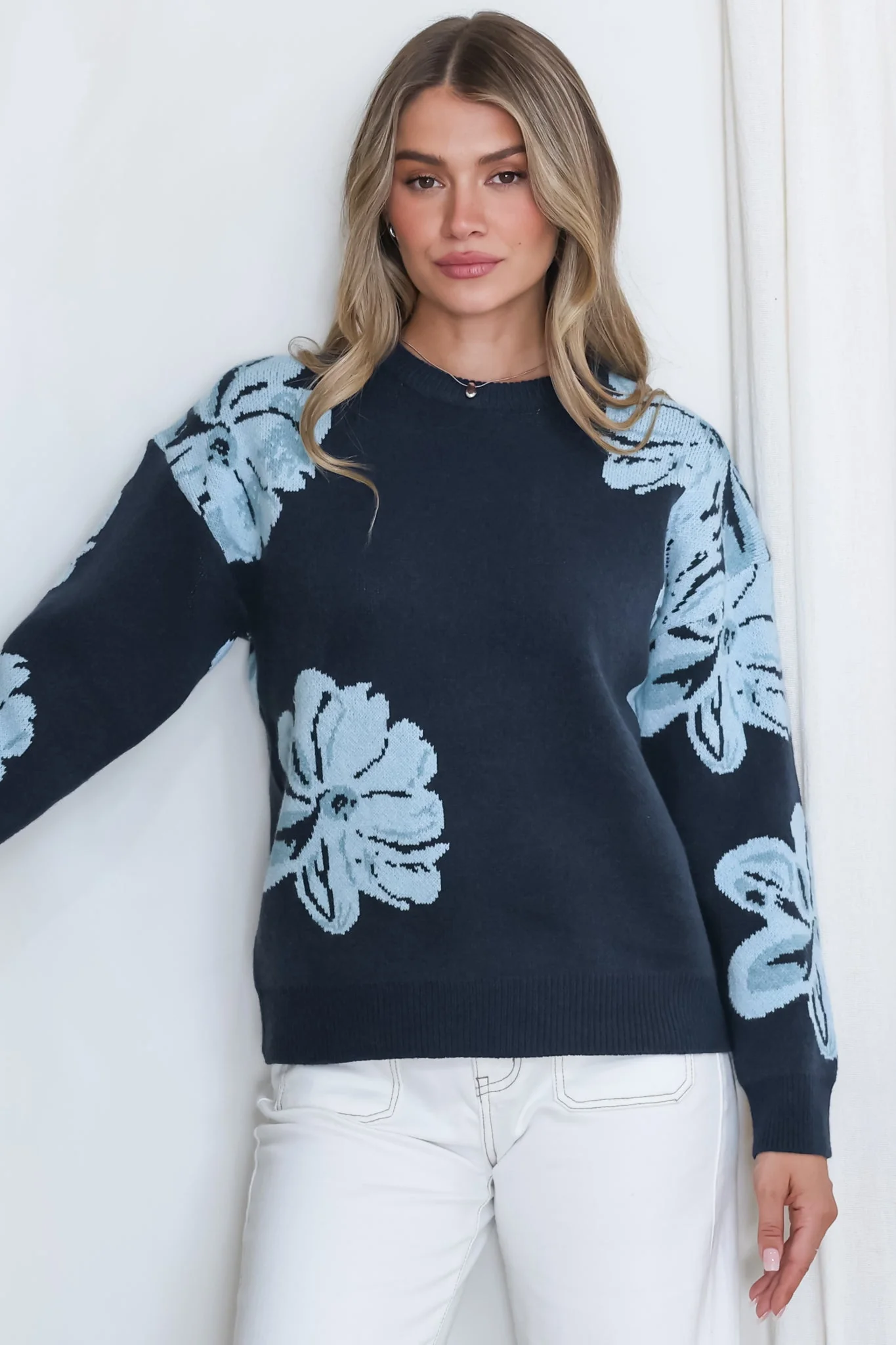 Breezy Jumper - Crew Neck Long Sleeve Floral Knit with Ribbed Hemlines in Navy - Image 5