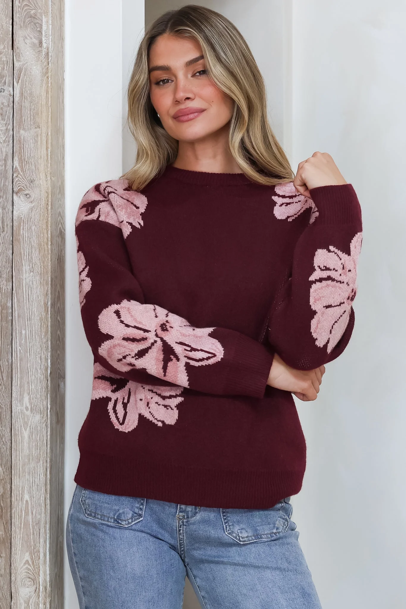 Breezy Jumper - Crew Neck Long Sleeve Floral Knit with Ribbed Hemlines in Wine - Image 5