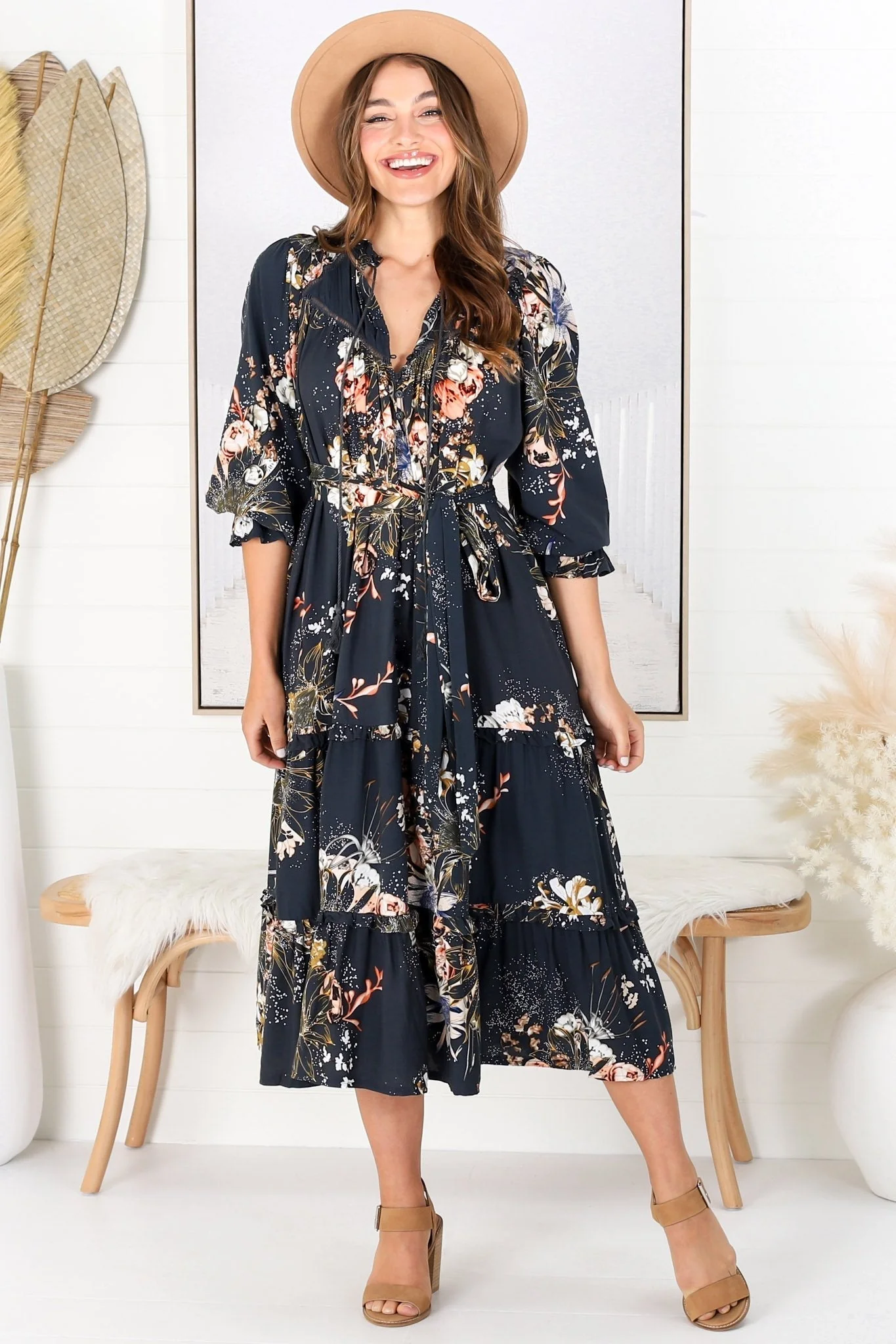 JAASE - Briana Midi Dress: Frill Collar Oversized Buttoned Dress with Waist Tie and Frill Splicing in Indigo Print - Image 10