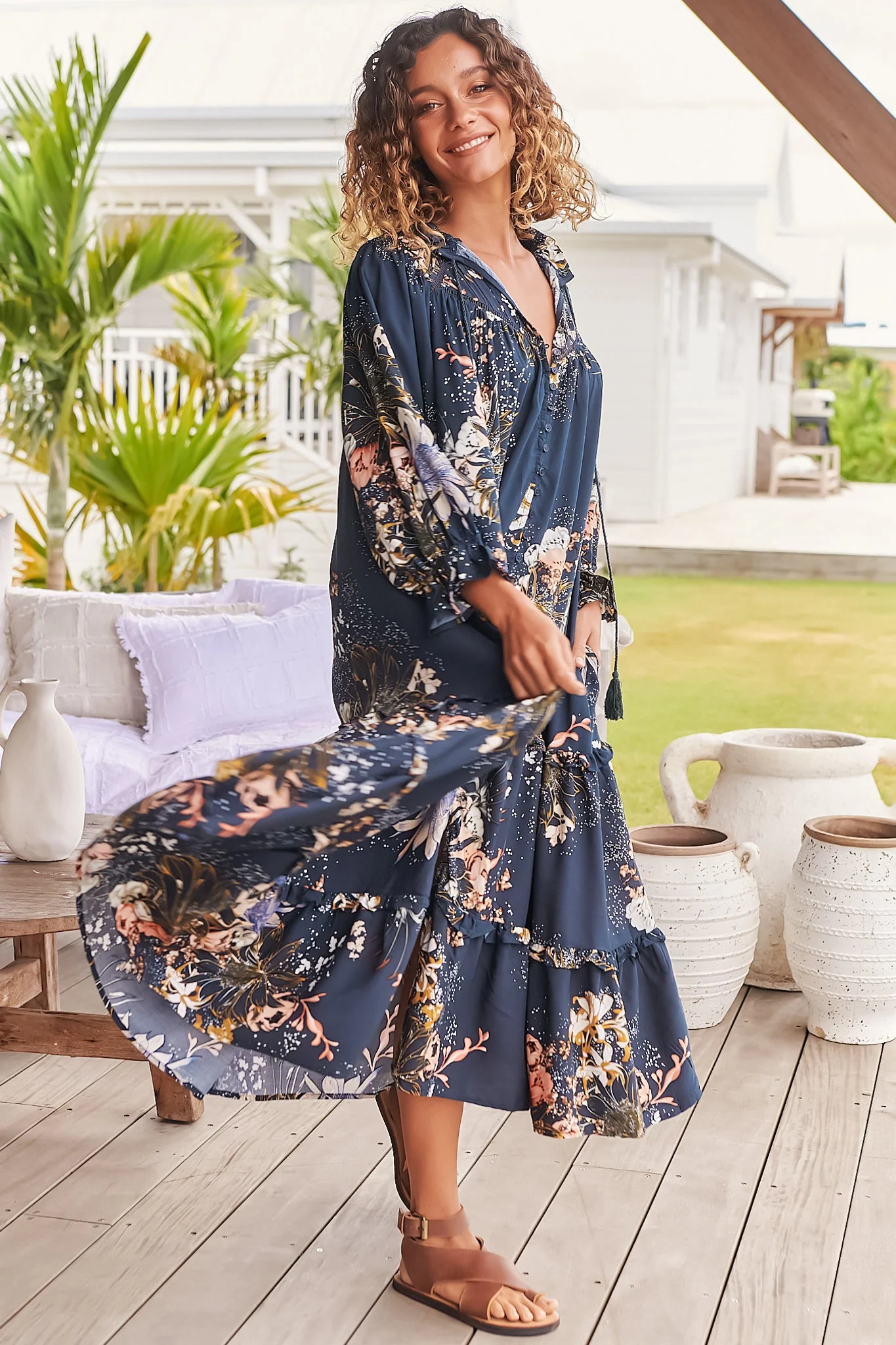 JAASE - Briana Midi Dress: Frill Collar Oversized Buttoned Dress with Waist Tie and Frill Splicing in Indigo Print - Image 11