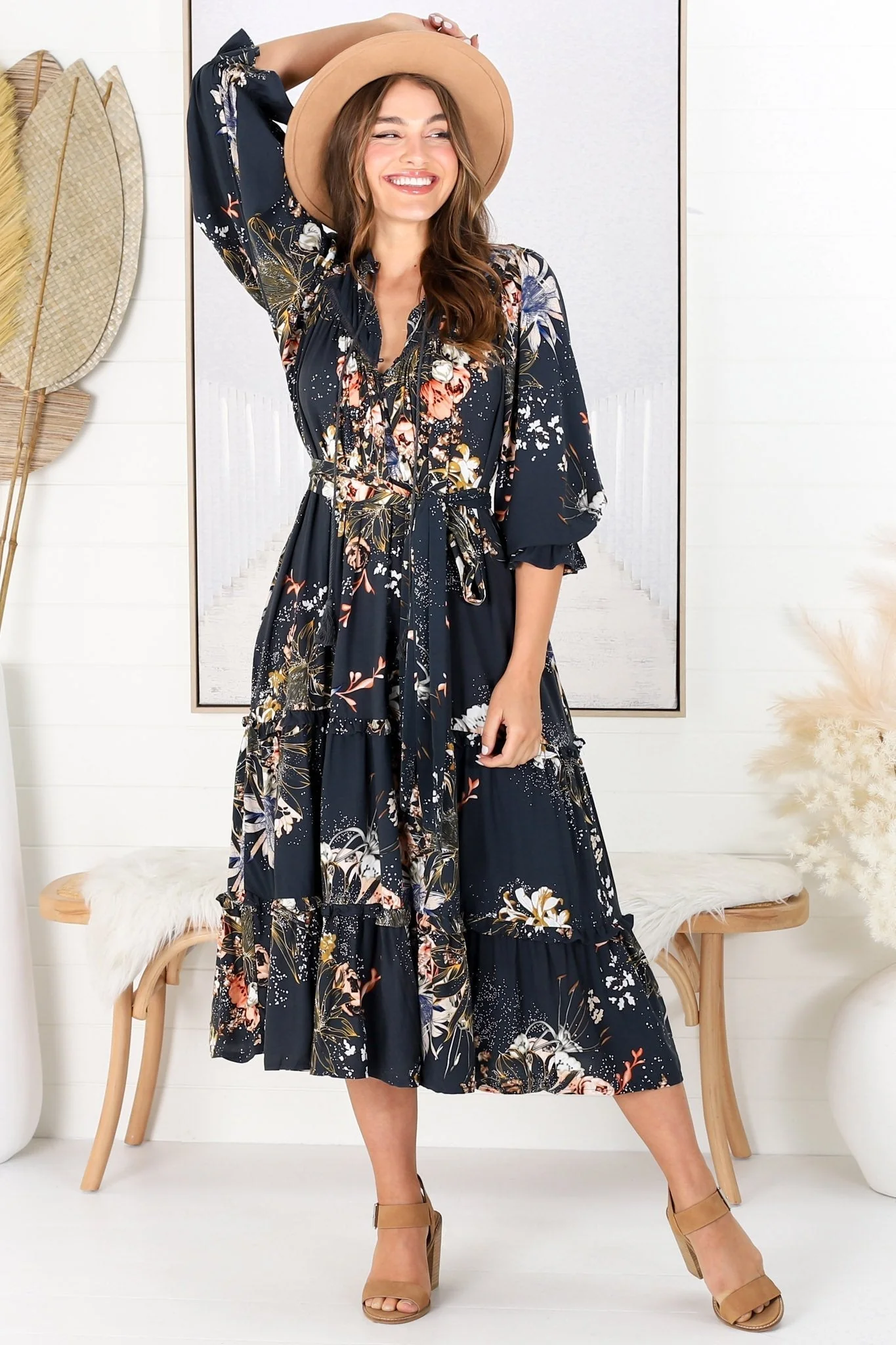 JAASE - Briana Midi Dress: Frill Collar Oversized Buttoned Dress with Waist Tie and Frill Splicing in Indigo Print - Image 12