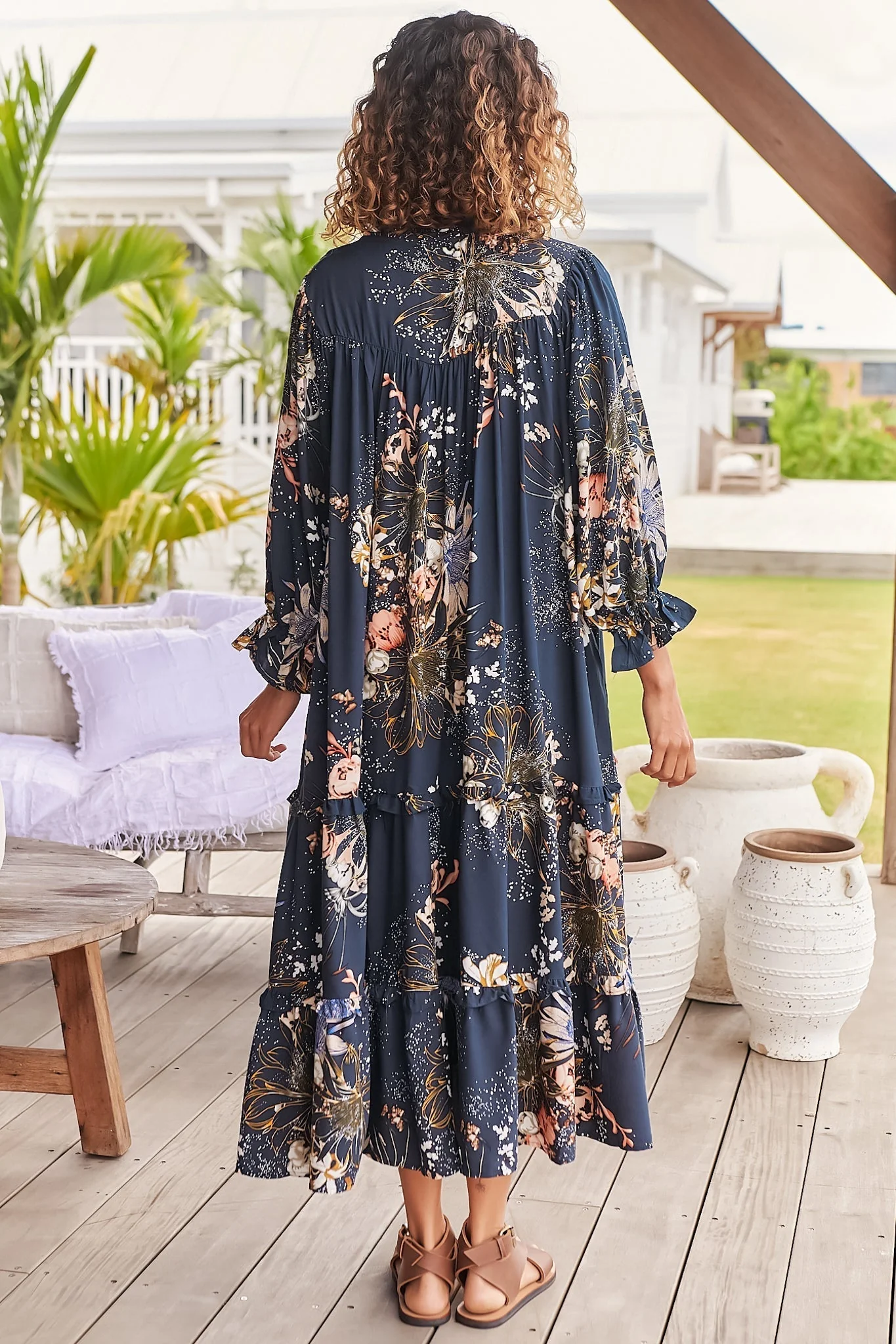 JAASE - Briana Midi Dress: Frill Collar Oversized Buttoned Dress with Waist Tie and Frill Splicing in Indigo Print - Image 13