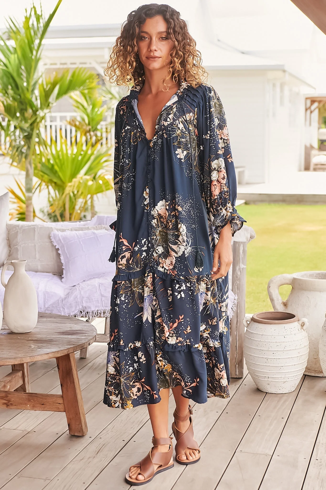 JAASE - Briana Midi Dress: Frill Collar Oversized Buttoned Dress with Waist Tie and Frill Splicing in Indigo Print - Image 5