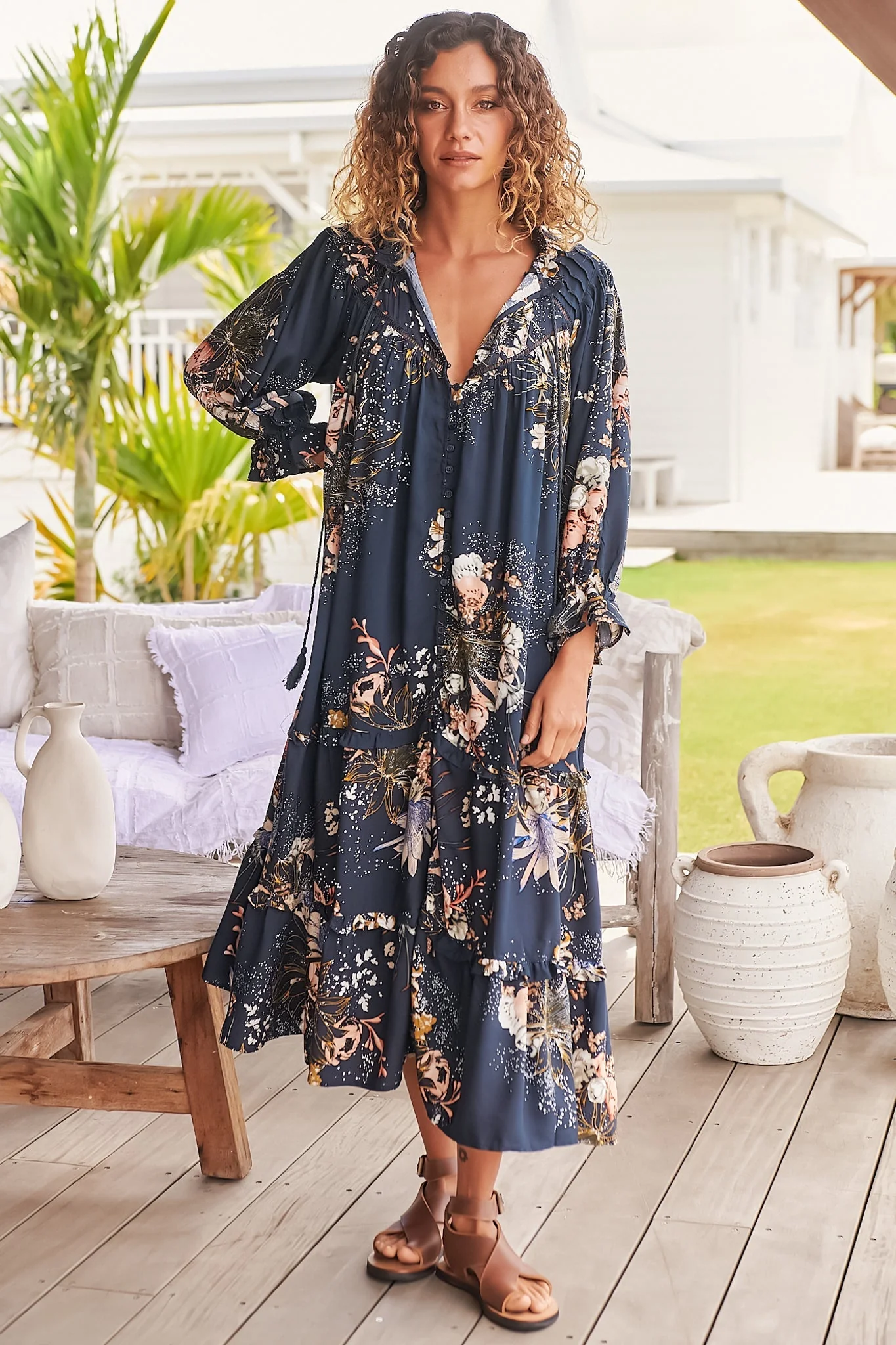 JAASE - Briana Midi Dress: Frill Collar Oversized Buttoned Dress with Waist Tie and Frill Splicing in Indigo Print - Image 6