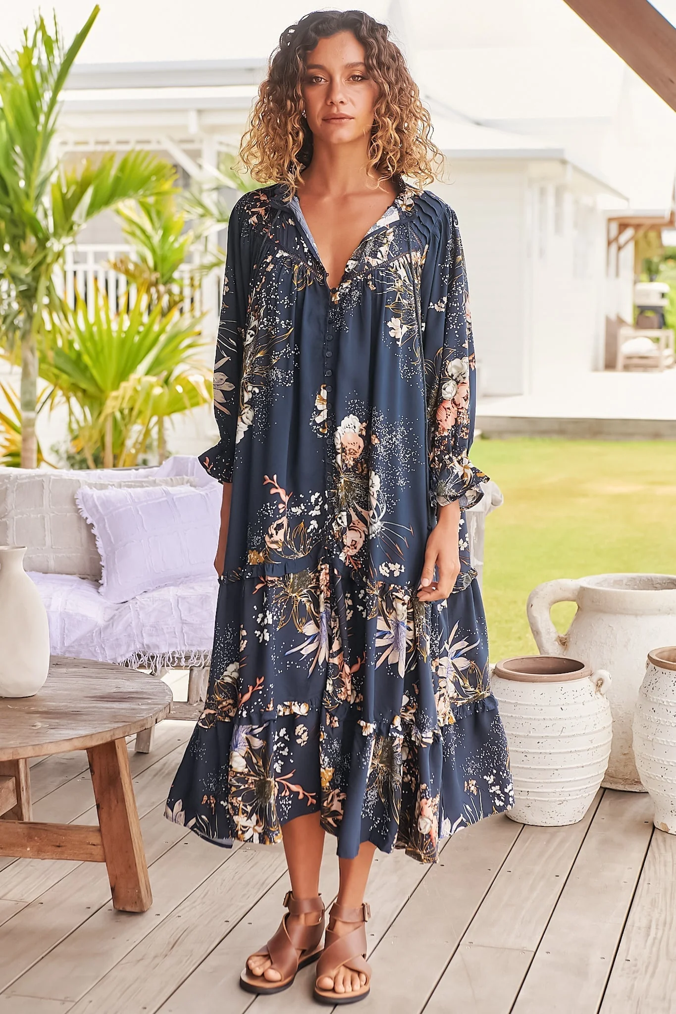 JAASE - Briana Midi Dress: Frill Collar Oversized Buttoned Dress with Waist Tie and Frill Splicing in Indigo Print - Image 7
