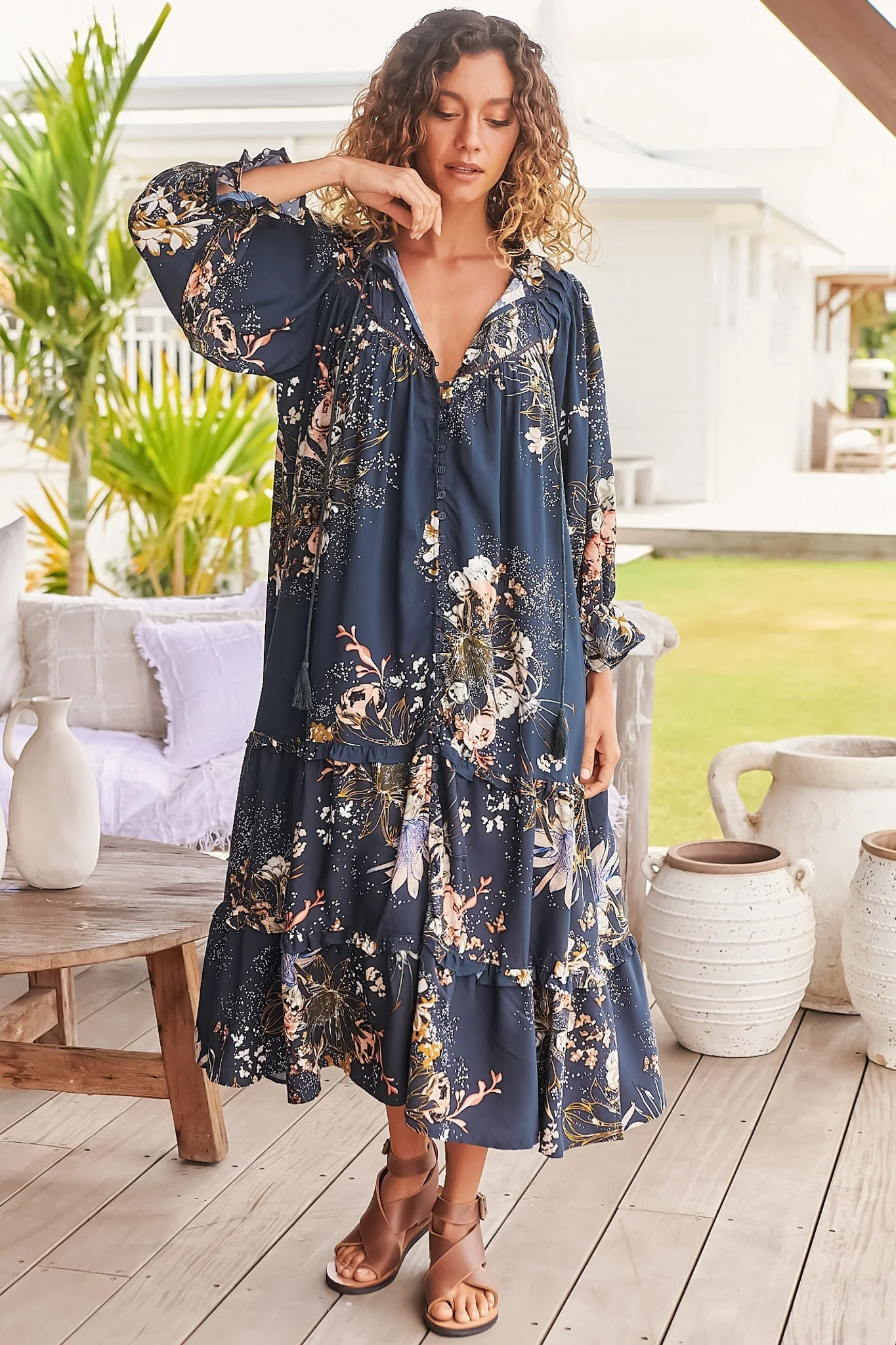 JAASE - Briana Midi Dress: Frill Collar Oversized Buttoned Dress with Waist Tie and Frill Splicing in Indigo Print - Image 8