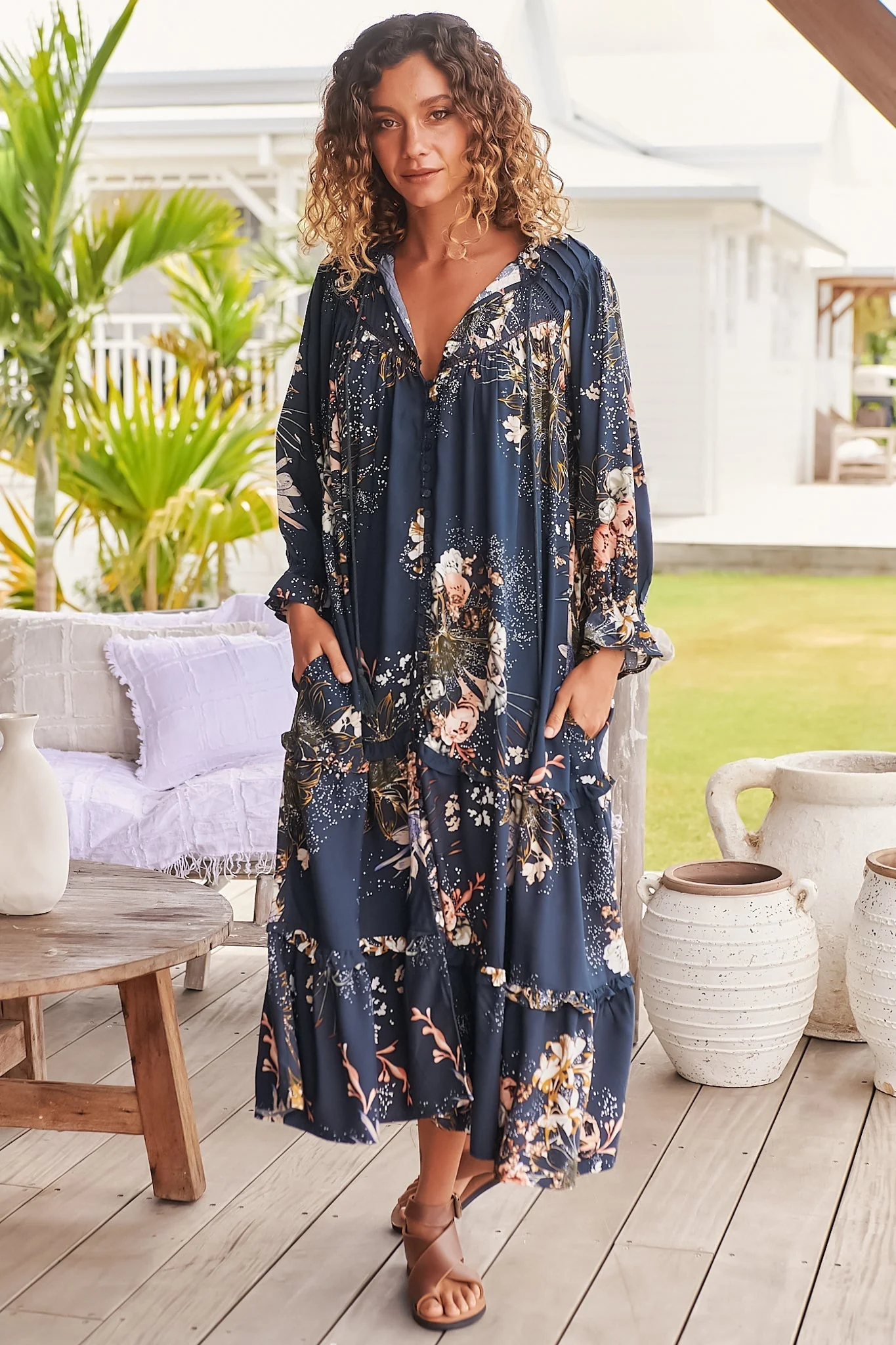 JAASE - Briana Midi Dress: Frill Collar Oversized Buttoned Dress with Waist Tie and Frill Splicing in Indigo Print - Image 9